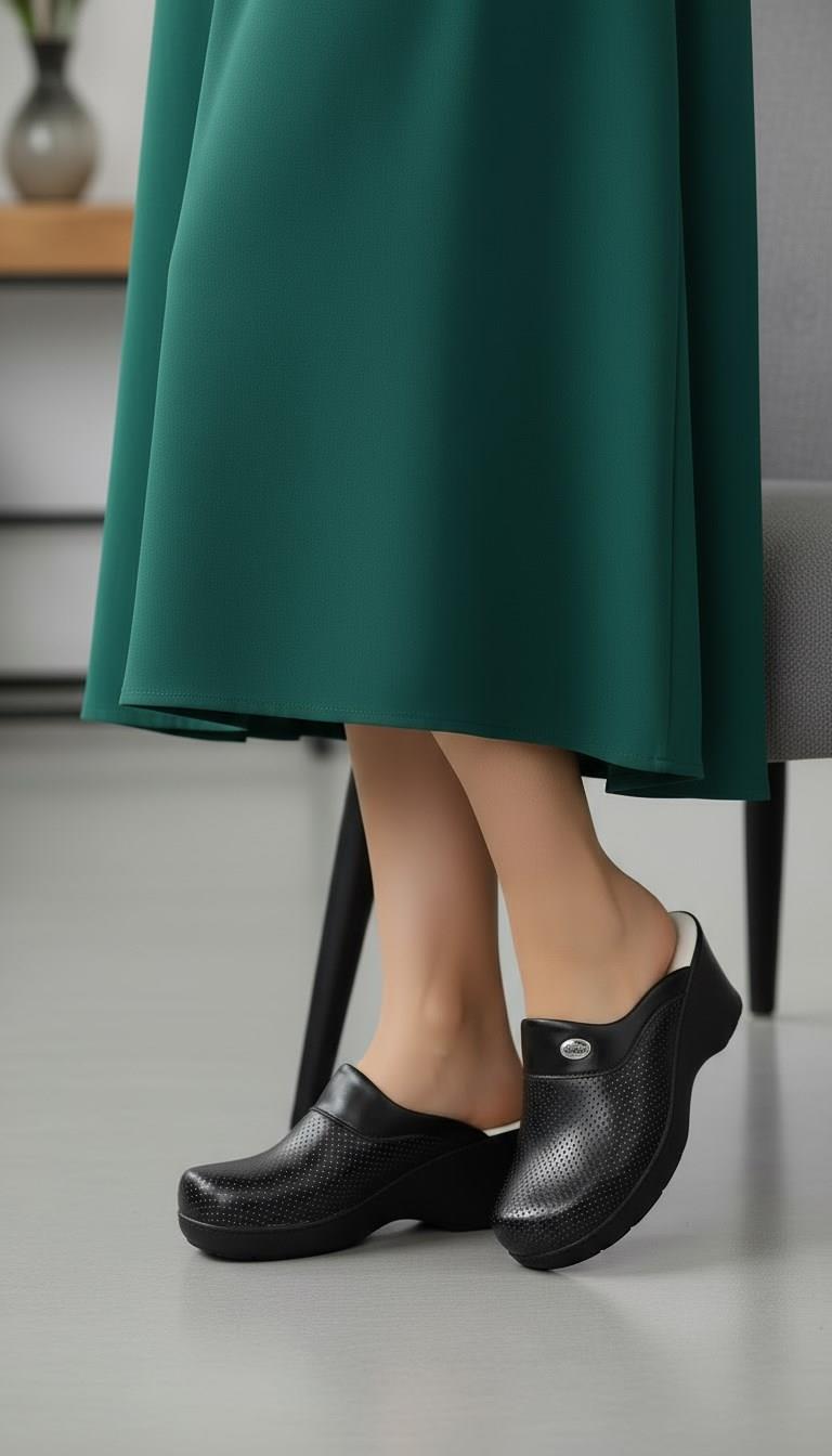 Siyah Delikli Dolgu Topuklu Kadın Sabo Ortopedik Hemşire Doktor Aşçı Günlük Terlik-Nur Ortopedi
