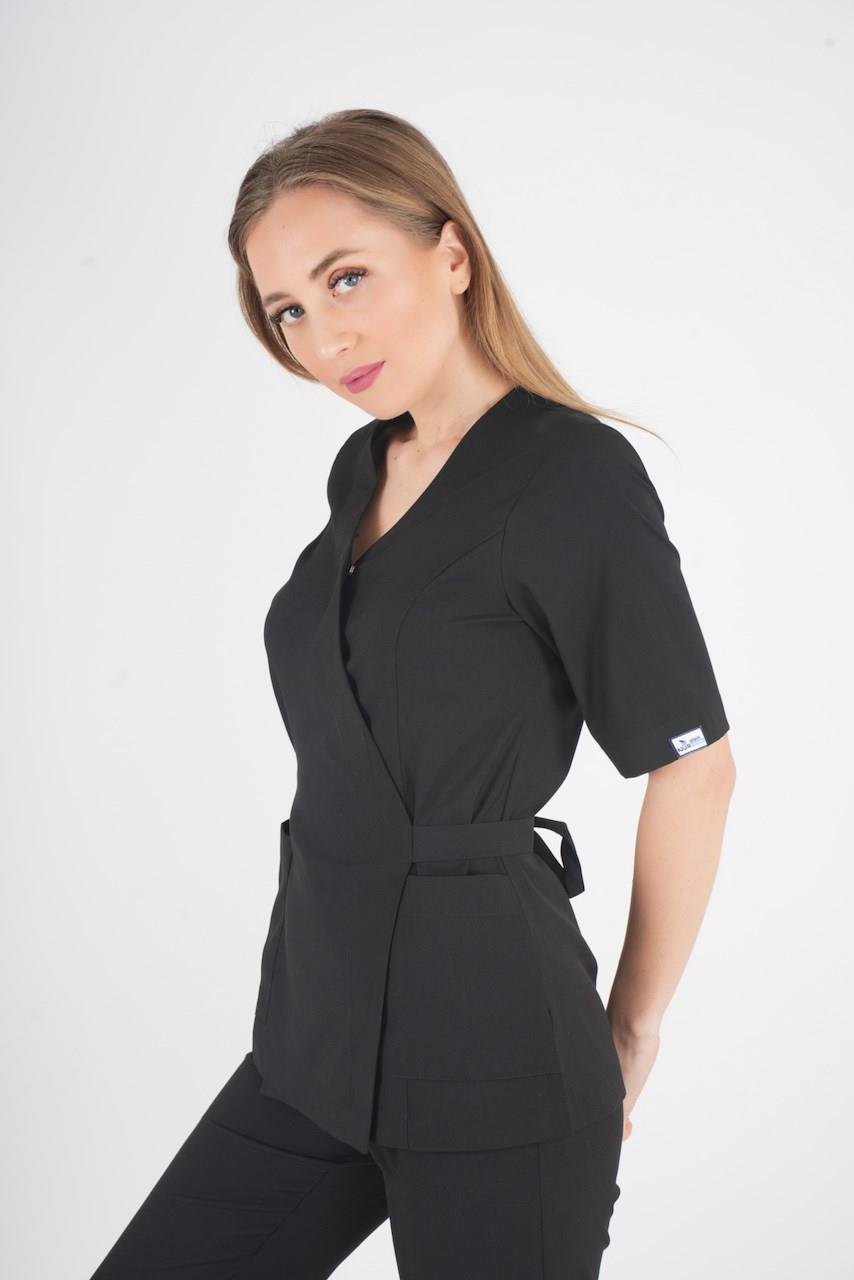 Siyah Elegant Model Cerrahi Üniforma Belden Bağlamalı Scrubs Takım-Nur Medikal Giyim