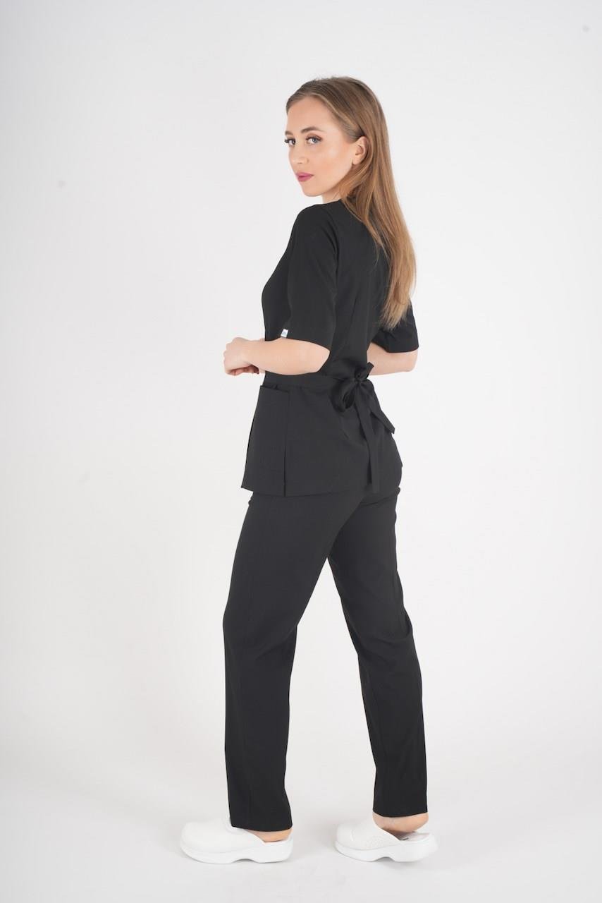 Siyah Elegant Model Cerrahi Üniforma Belden Bağlamalı Scrubs Takım-Nur Medikal Giyim