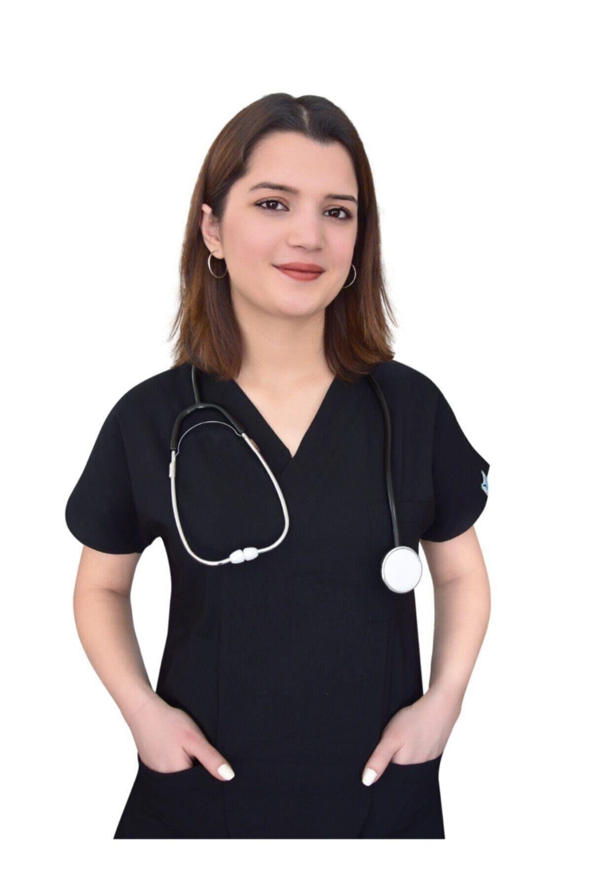 Siyah Likralı Doktor Hemşire Cerrahi Forma Alt Üst Takım-Nur Medikal Giyim