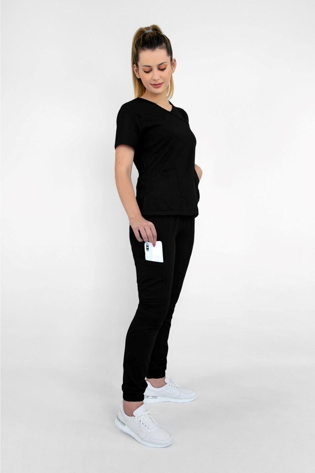 Siyah Likralı Jogger Alt Üst Takım Doktor Hemşire Scrubs Üniformans-Nur Medikal Giyim