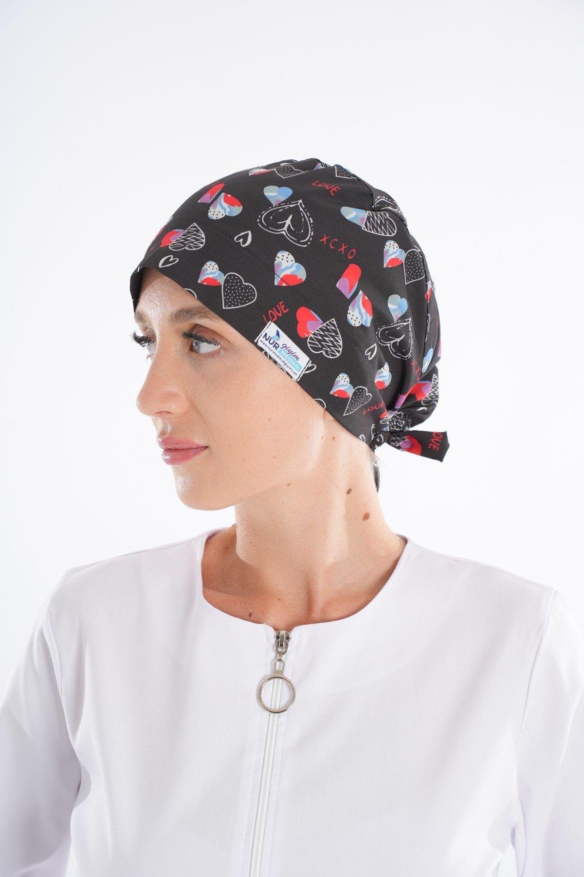 Siyah Love Desenli Tesettür Doktor Hemşire Hastane Aşçı Cerrahi Bone-Nur Medikal Giyim