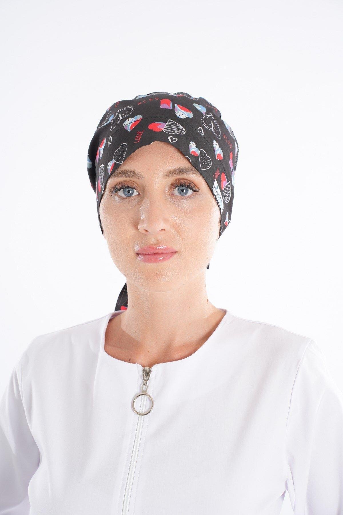 Siyah Love Desenli Tesettür Doktor Hemşire Hastane Aşçı Cerrahi Bone-Nur Medikal Giyim