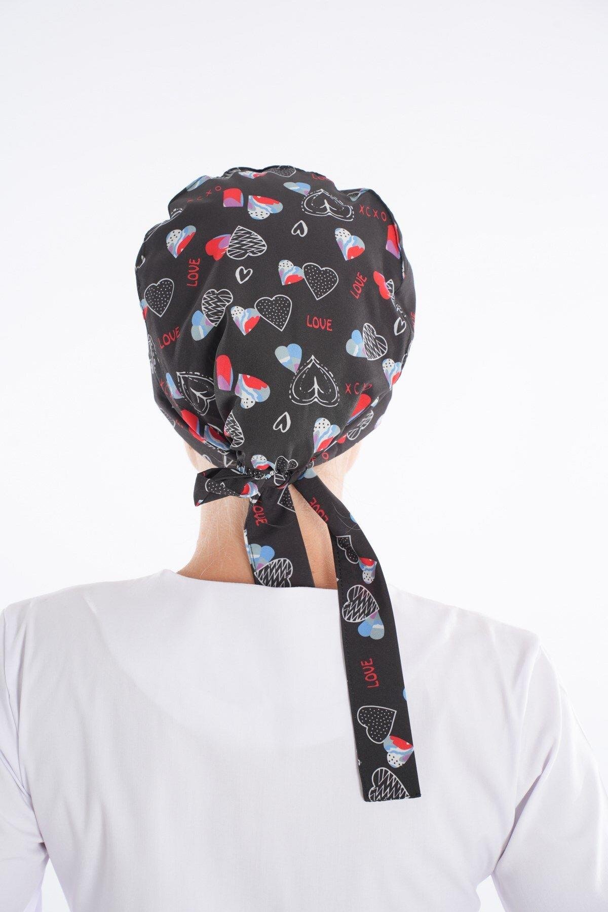 Siyah Love Desenli Tesettür Doktor Hemşire Hastane Aşçı Cerrahi Bone-Nur Medikal Giyim