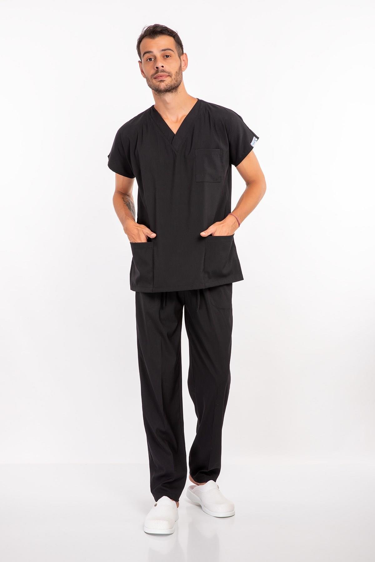 Siyah Renk Çamaşır Suyuna ve Hipoya Dayanıklı Cerrahi Üniforma Scrubs Unisex Model-Nur Medikal Giyim