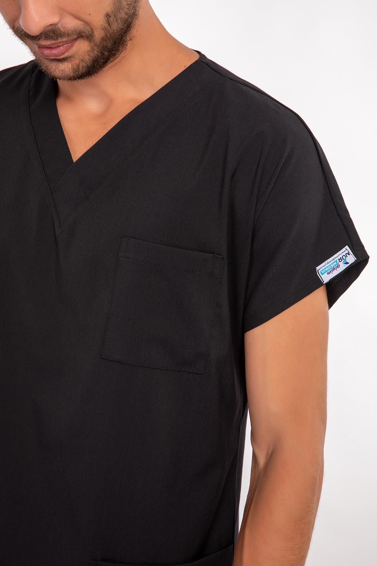 Siyah Renk Çamaşır Suyuna ve Hipoya Dayanıklı Cerrahi Üniforma Scrubs Unisex Model-Nur Medikal Giyim