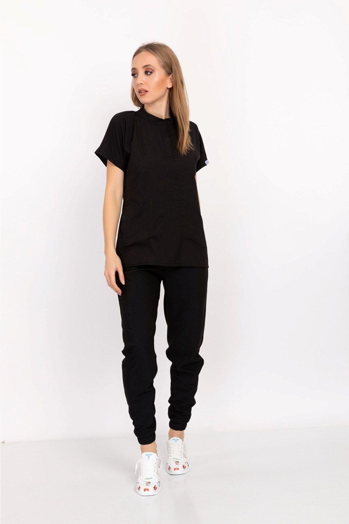 Siyah Renk Çıt Çıtlı Hakim Yaka Soft Likra Doktor, Hemşire, Hastane, Nöbet Forma Takım-Nur Medikal Giyim