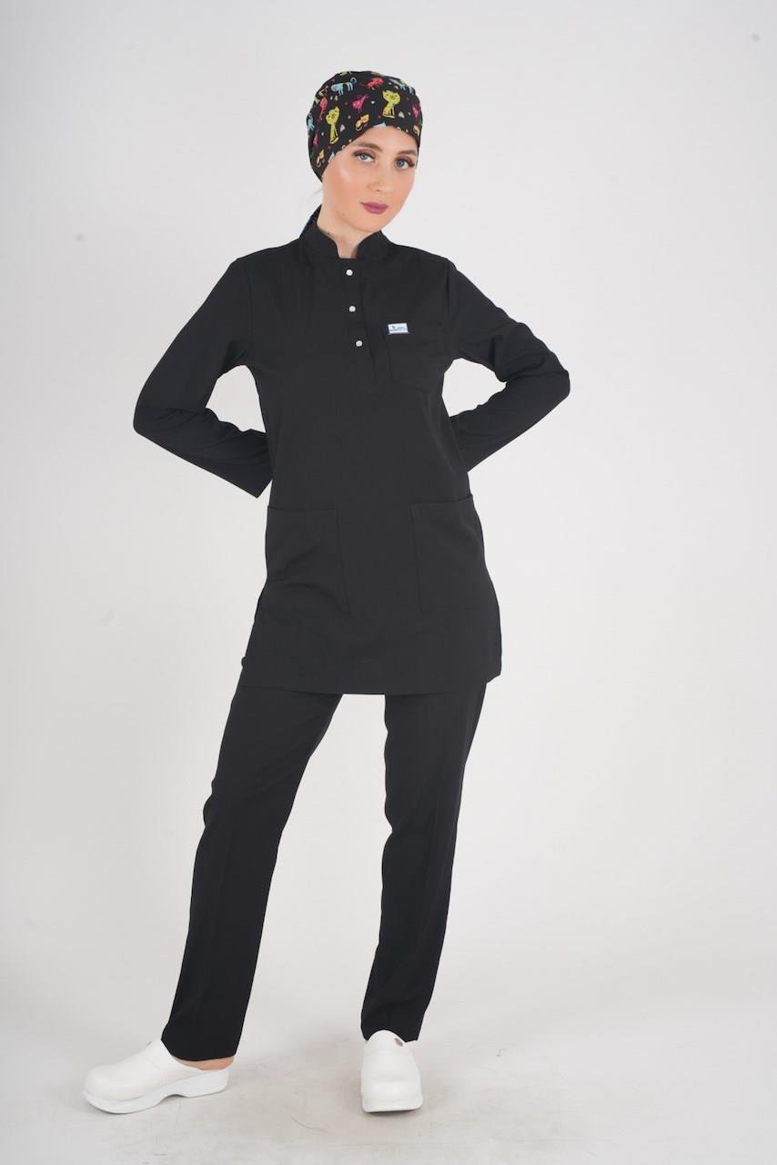 Siyah Renk Sakura Model Tesettür Doktor Hemşire Scrubs Üniforma Takımı-Nur Medikal Giyim