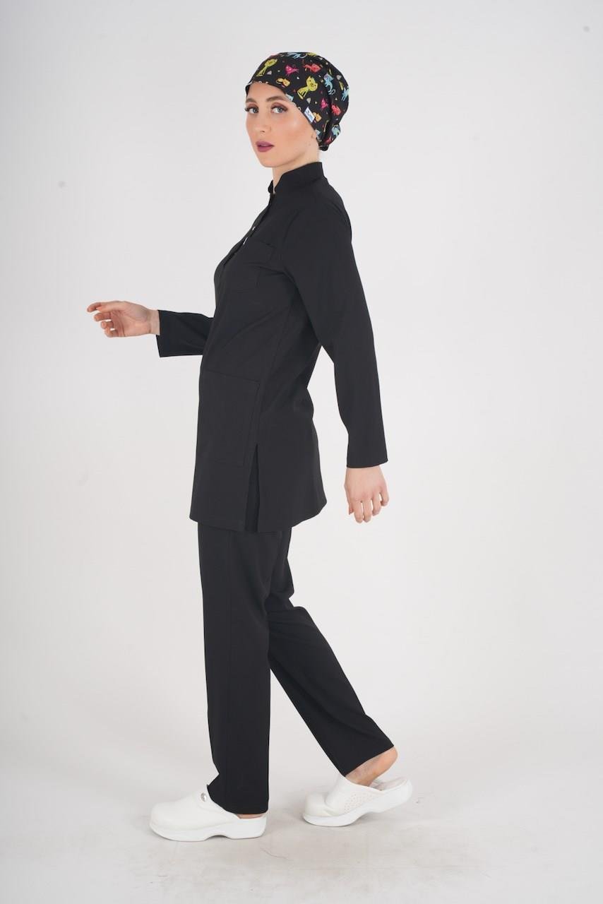 Siyah Renk Sakura Model Tesettür Doktor Hemşire Scrubs Üniforma Takımı-Nur Medikal Giyim