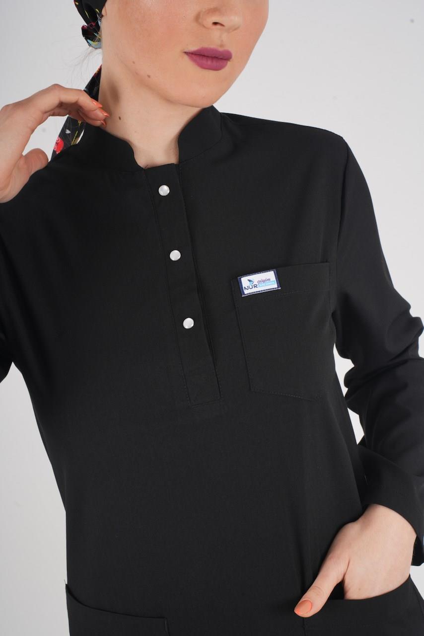 Siyah Renk Sakura Model Tesettür Doktor Hemşire Scrubs Üniforma Takımı-Nur Medikal Giyim