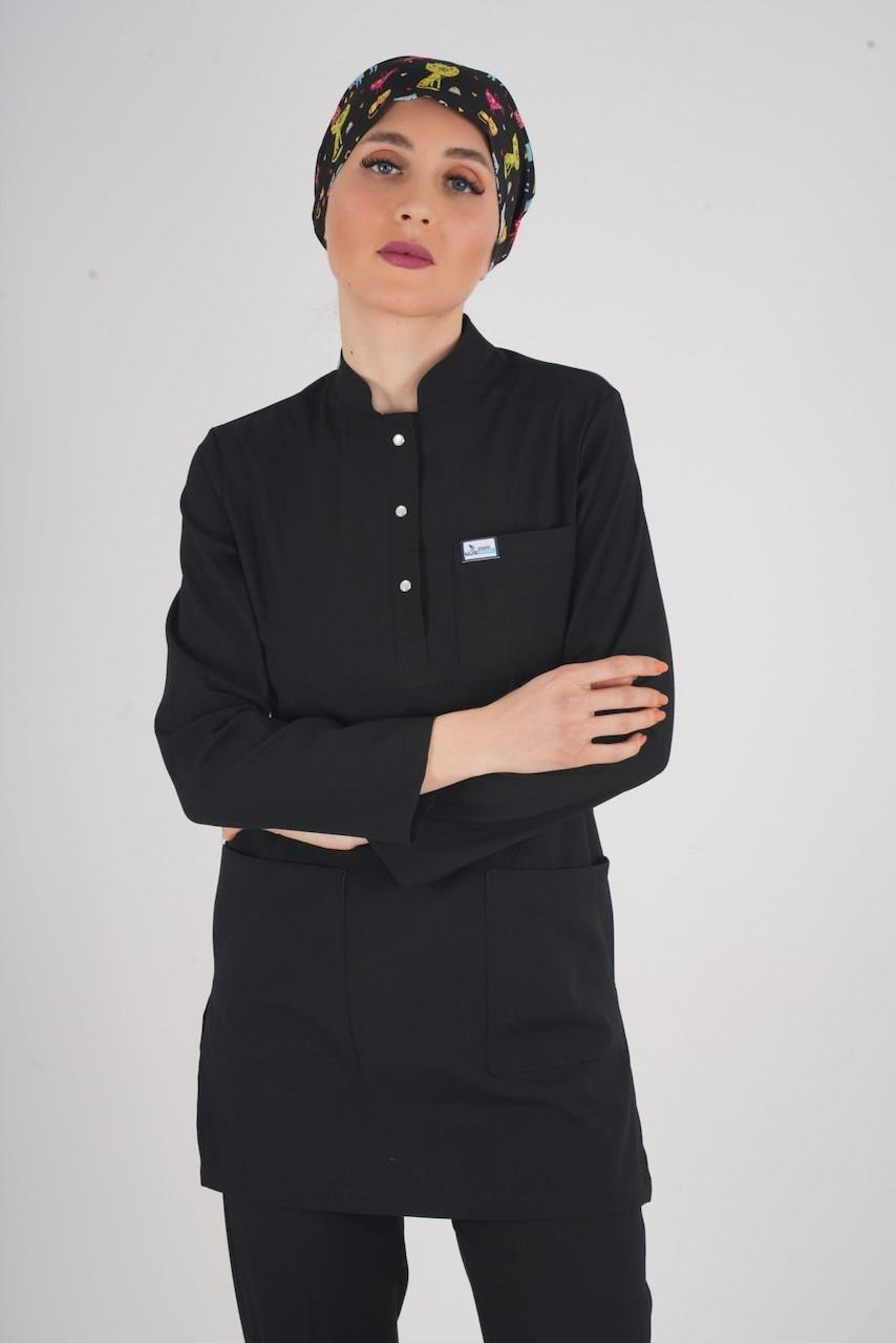 Siyah Renk Sakura Model Tesettür Doktor Hemşire Scrubs Üniforma Takımı-Nur Medikal Giyim