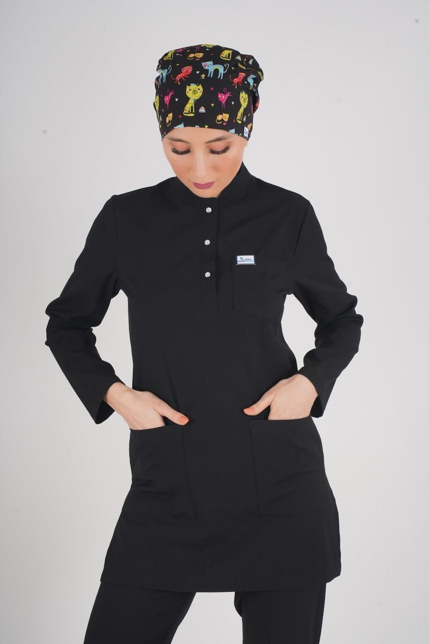 Siyah Renk Sakura Model Tesettür Doktor Hemşire Scrubs Üniforma Takımı-Nur Medikal Giyim