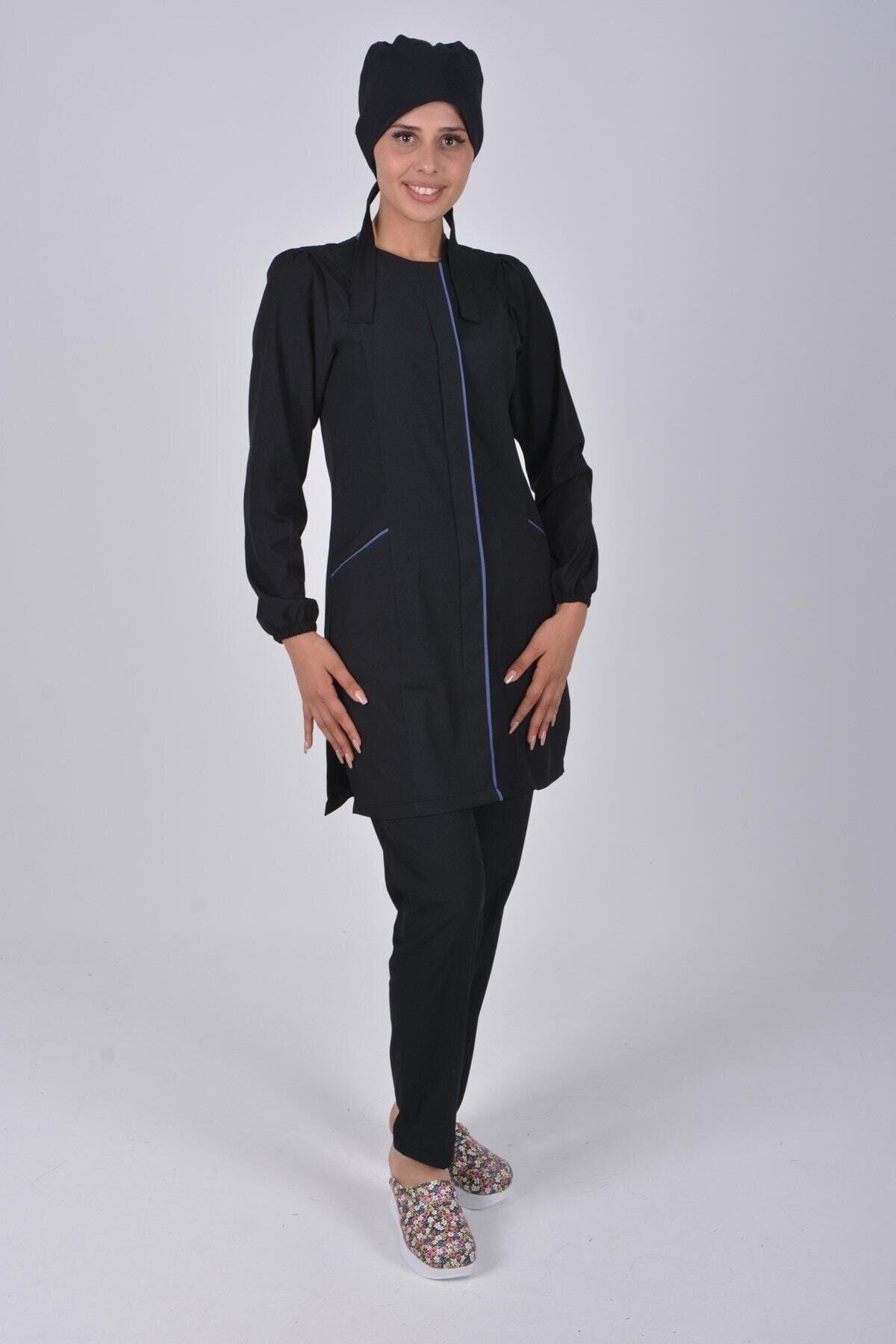 Siyah Soft Likra Hemşire Doktor Tesettür Alt Üst Takım Üniforma-Nur Medikal Giyim
