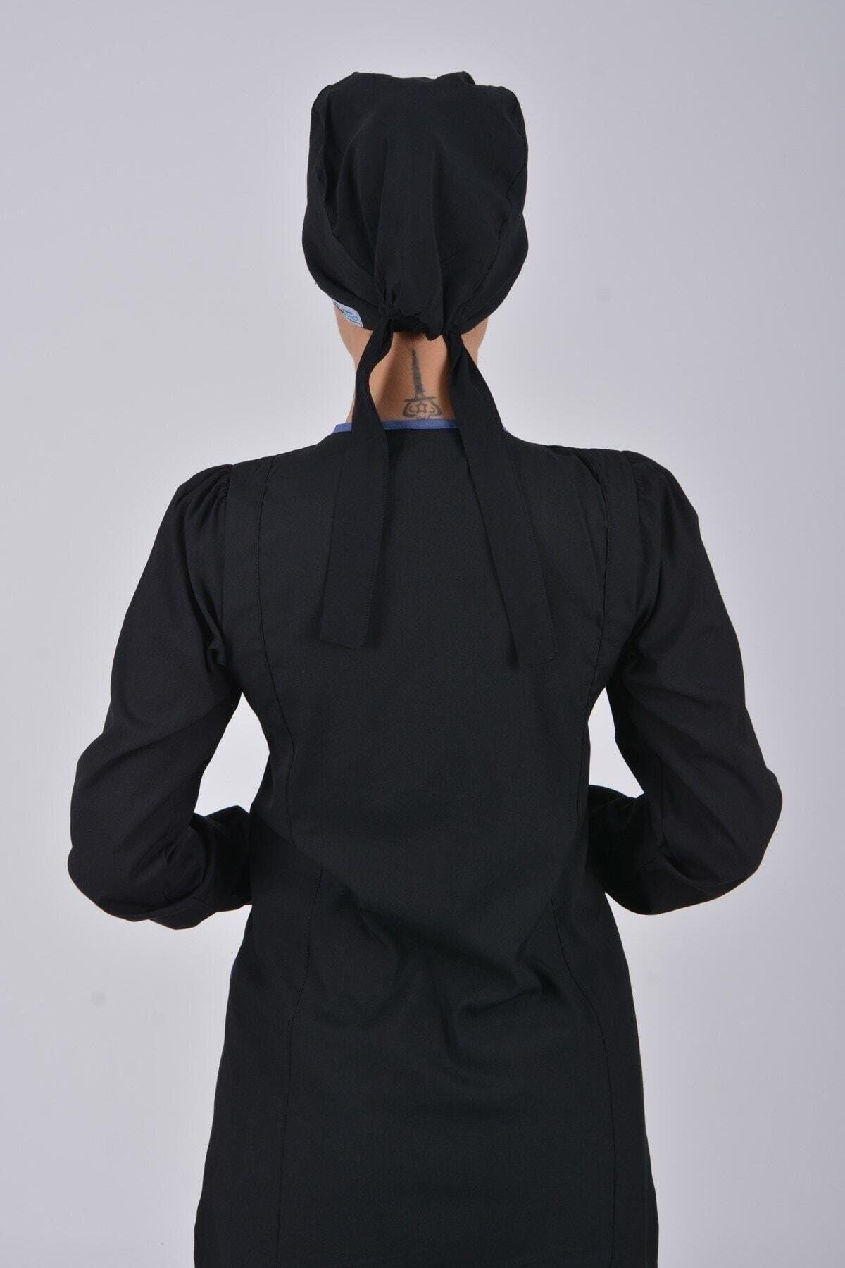 Siyah Soft Likra Hemşire Doktor Tesettür Alt Üst Takım Üniforma-Nur Medikal Giyim