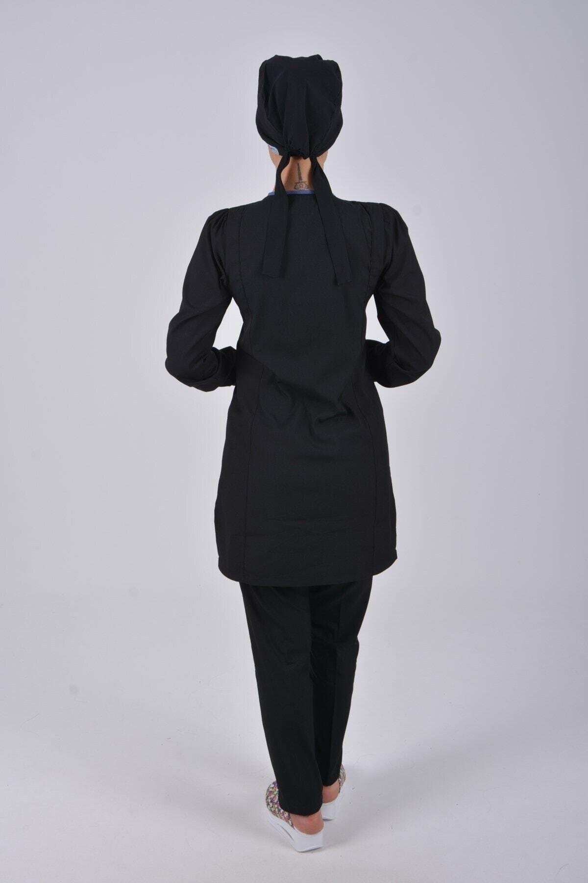 Siyah Soft Likra Hemşire Doktor Tesettür Alt Üst Takım Üniforma-Nur Medikal Giyim