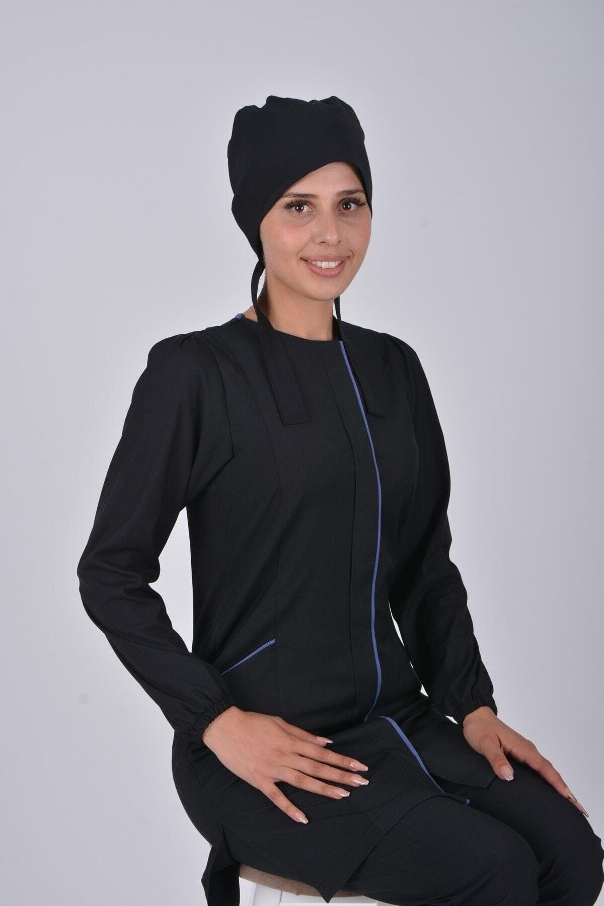 Siyah Soft Likra Hemşire Doktor Tesettür Alt Üst Takım Üniforma-Nur Medikal Giyim