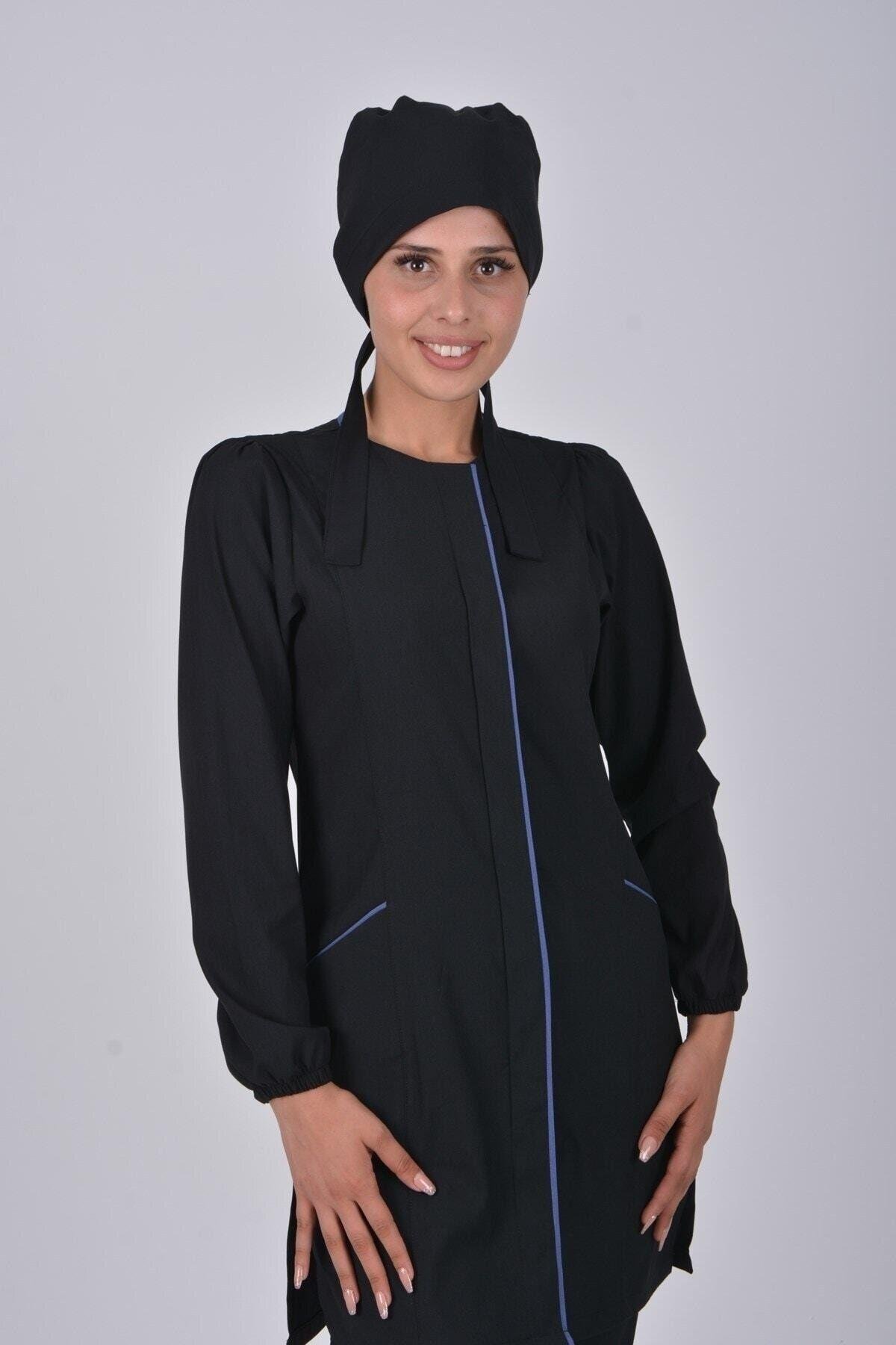 Siyah Soft Likra Hemşire Doktor Tesettür Alt Üst Takım Üniforma-Nur Medikal Giyim