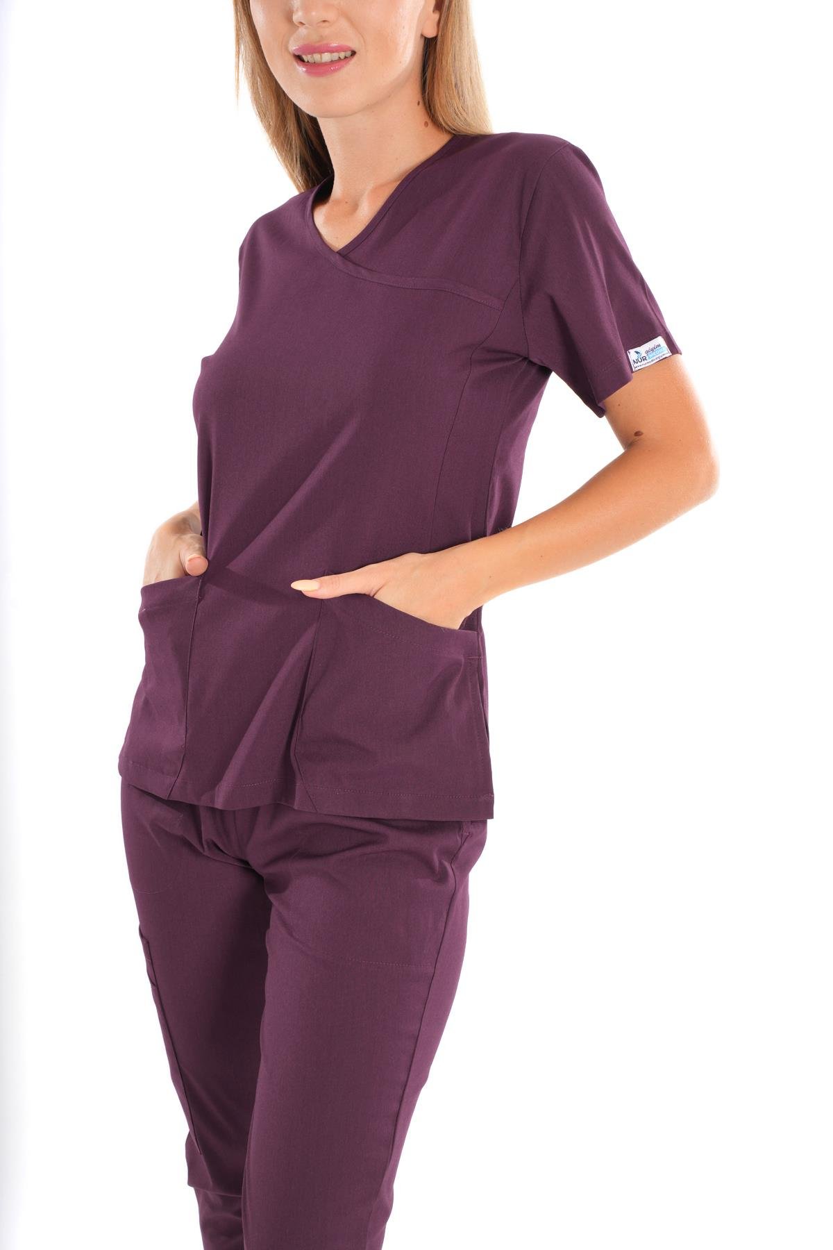 Soft Likra Koyu Mor Jogger Doktor Hemşire Nöbet Takımı Scrubs-Nur Medikal Giyim