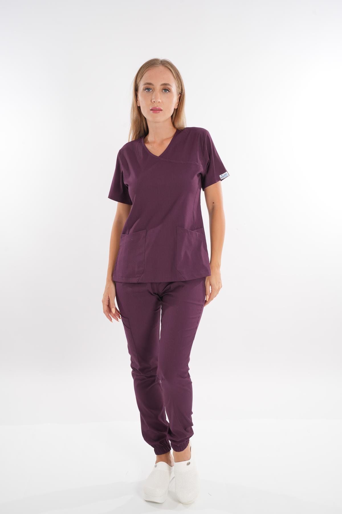 Soft Likra Koyu Mor Jogger Doktor Hemşire Nöbet Takımı Scrubs-Nur Medikal Giyim