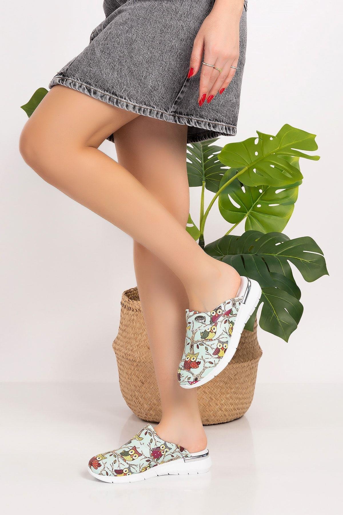 Su Yeşili Baykuş Desenli Comfort Taban Ortopedik Sabo Terlik 1053-Nur Ortopedi