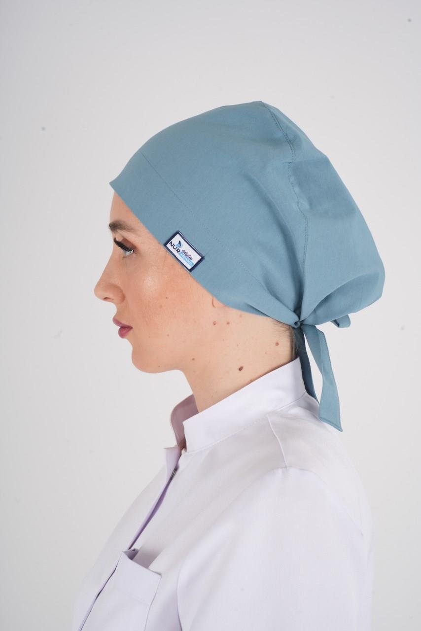 Tesettür Düz Cool Petrol Doktor Hastane Aşçı Hemşire Tesettür Cerrahi Bonesi-Nur Medikal Giyim