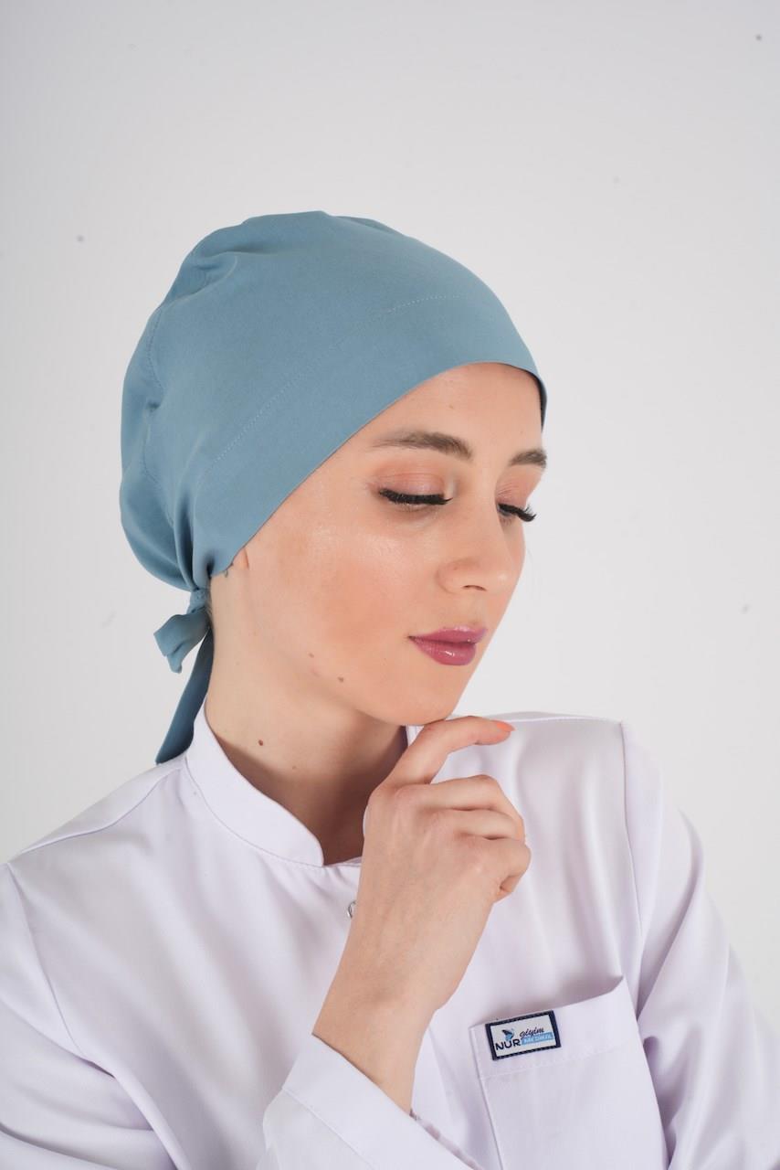 Tesettür Düz Cool Petrol Doktor Hastane Aşçı Hemşire Tesettür Cerrahi Bonesi-Nur Medikal Giyim