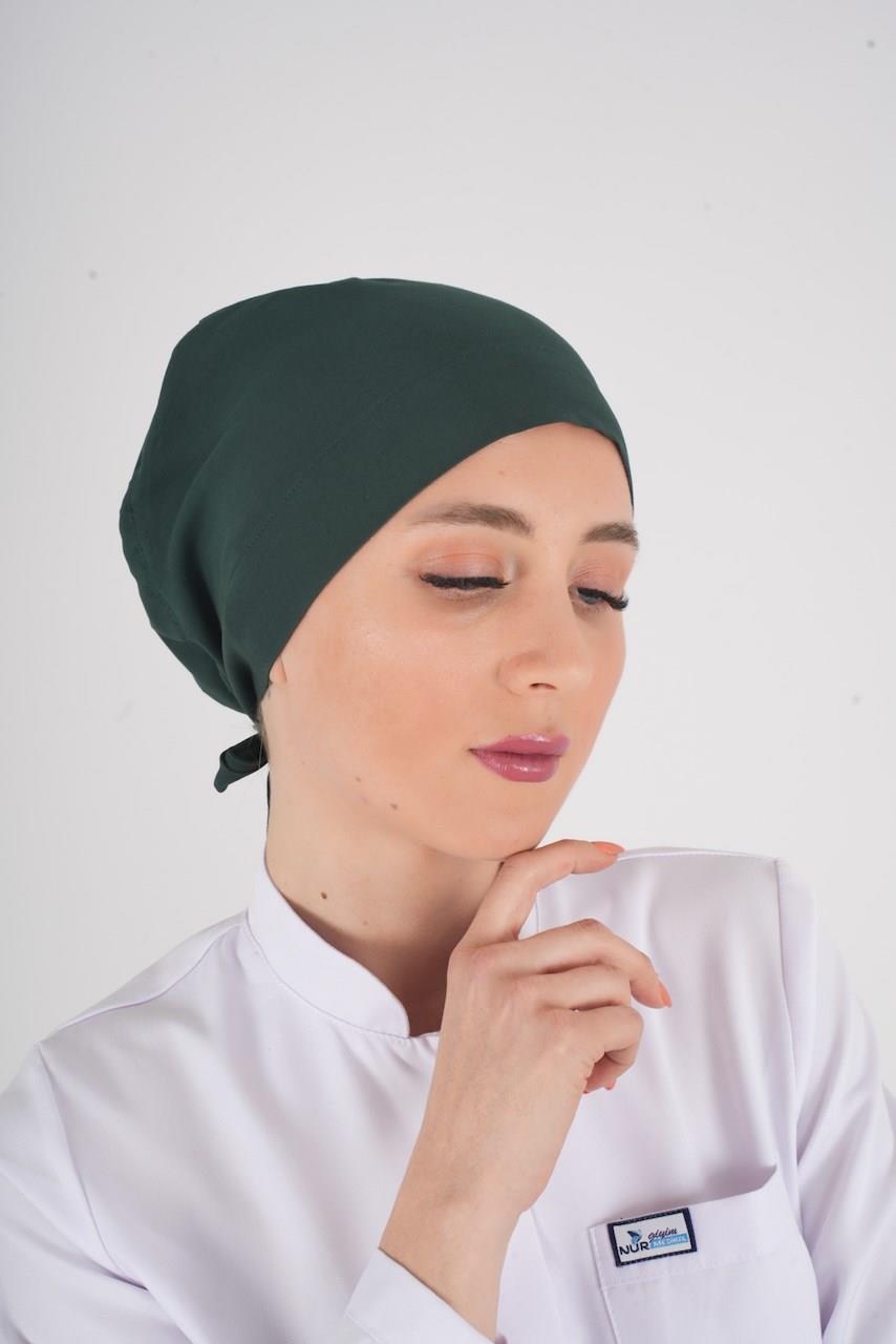 Tesettür Düz Ördekbaşı Yeşili Hemşire Doktor Hastane Ameliyat Cerrahi Tesettür Bonesi-Nur Medikal Giyim