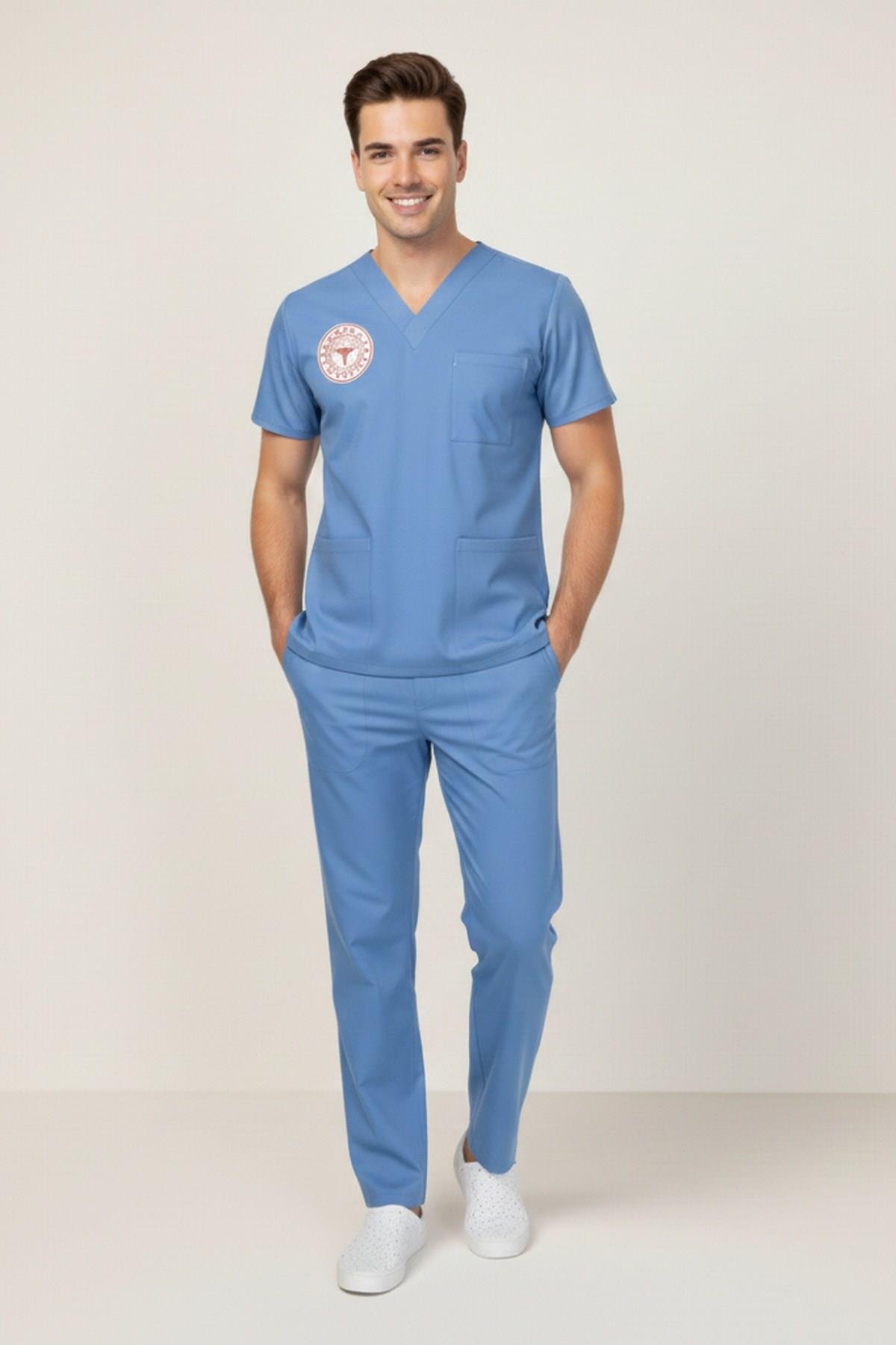 Unisex Alaska Mavisi Doktor Hekim Scrubs Takım (Sağlık Bakanlığı Yeni Yönetmeliğe Uygun)-Nur Medikal Giyim