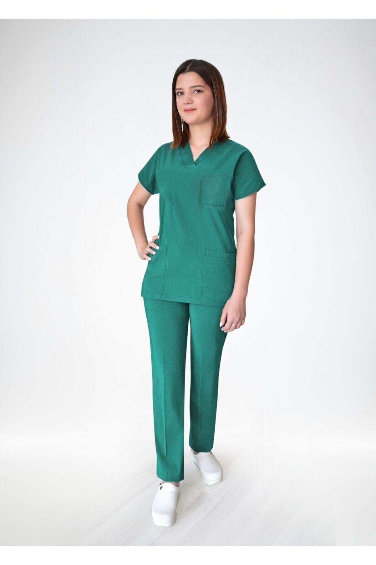Unisex Ameliyat Yeşili Likralı Cerrahi Alt Üst Forma Takım-Nur Medikal Giyim