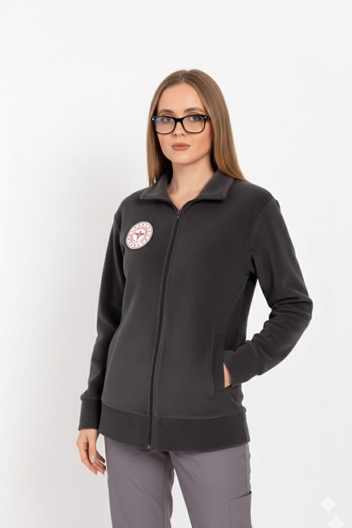 Unisex Antrasit Renk Sağlık Bakanlığı Logolu Fermuarlı Polar-Nur Medikal Giyim