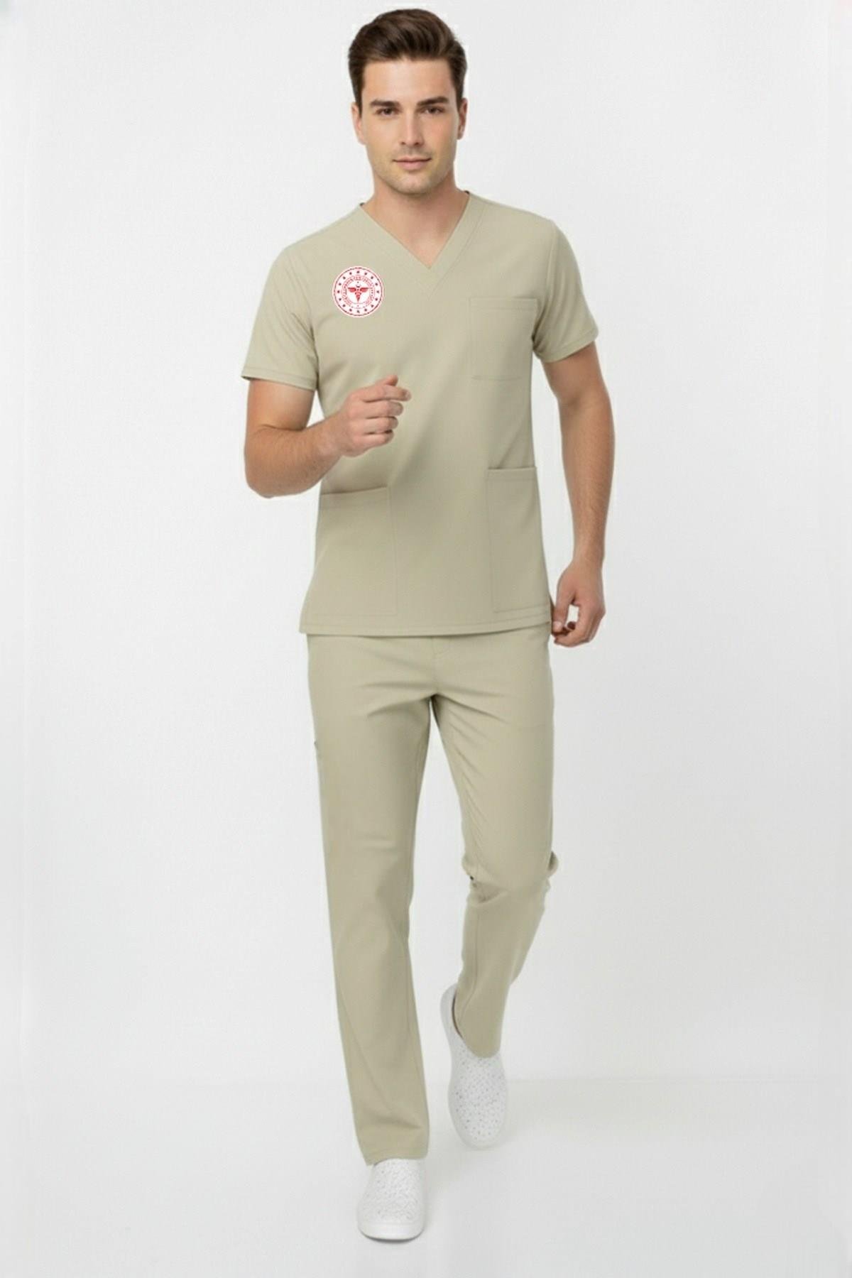 Unisex Bej Moth Teknisyen Tekniker Tıbbı Sekreter Scrubs Üniforma Takım (Sağlık Bak.Yeni Yön.Uygun)-Nur Medikal Giyim