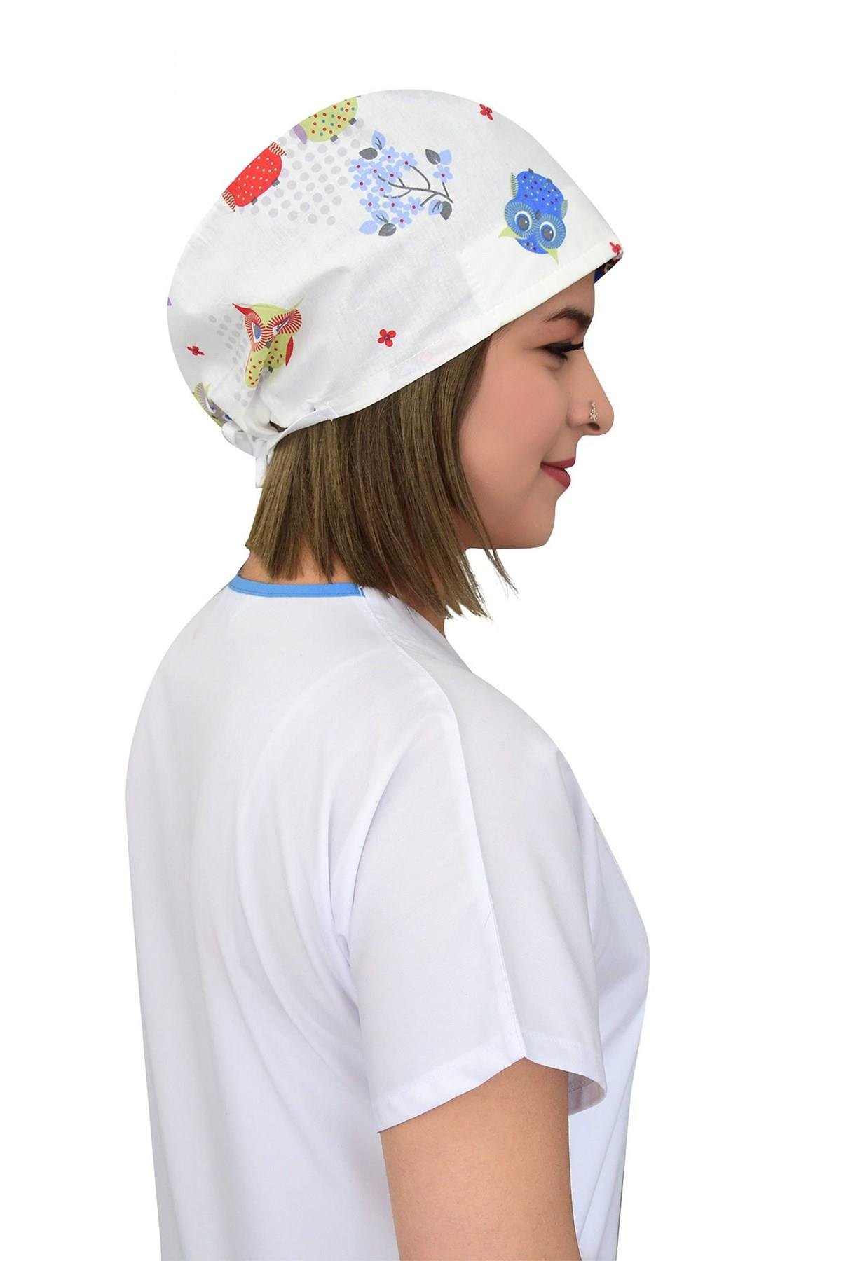 Unisex Beyaz Baykuş Desenli Cerrahi Bone Doktor Hemşire Saç Bone-Nur Medikal Giyim