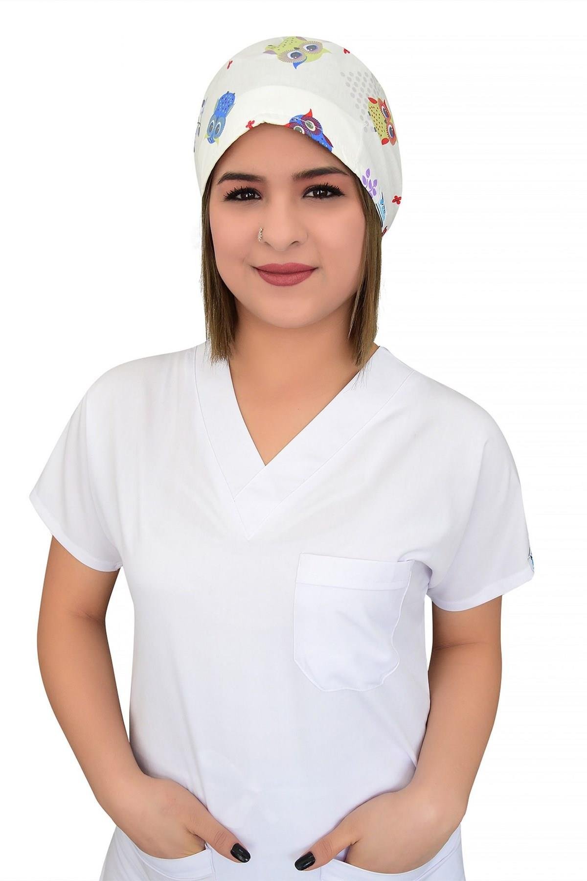 Unisex Beyaz Baykuş Desenli Cerrahi Bone Doktor Hemşire Saç Bone-Nur Medikal Giyim