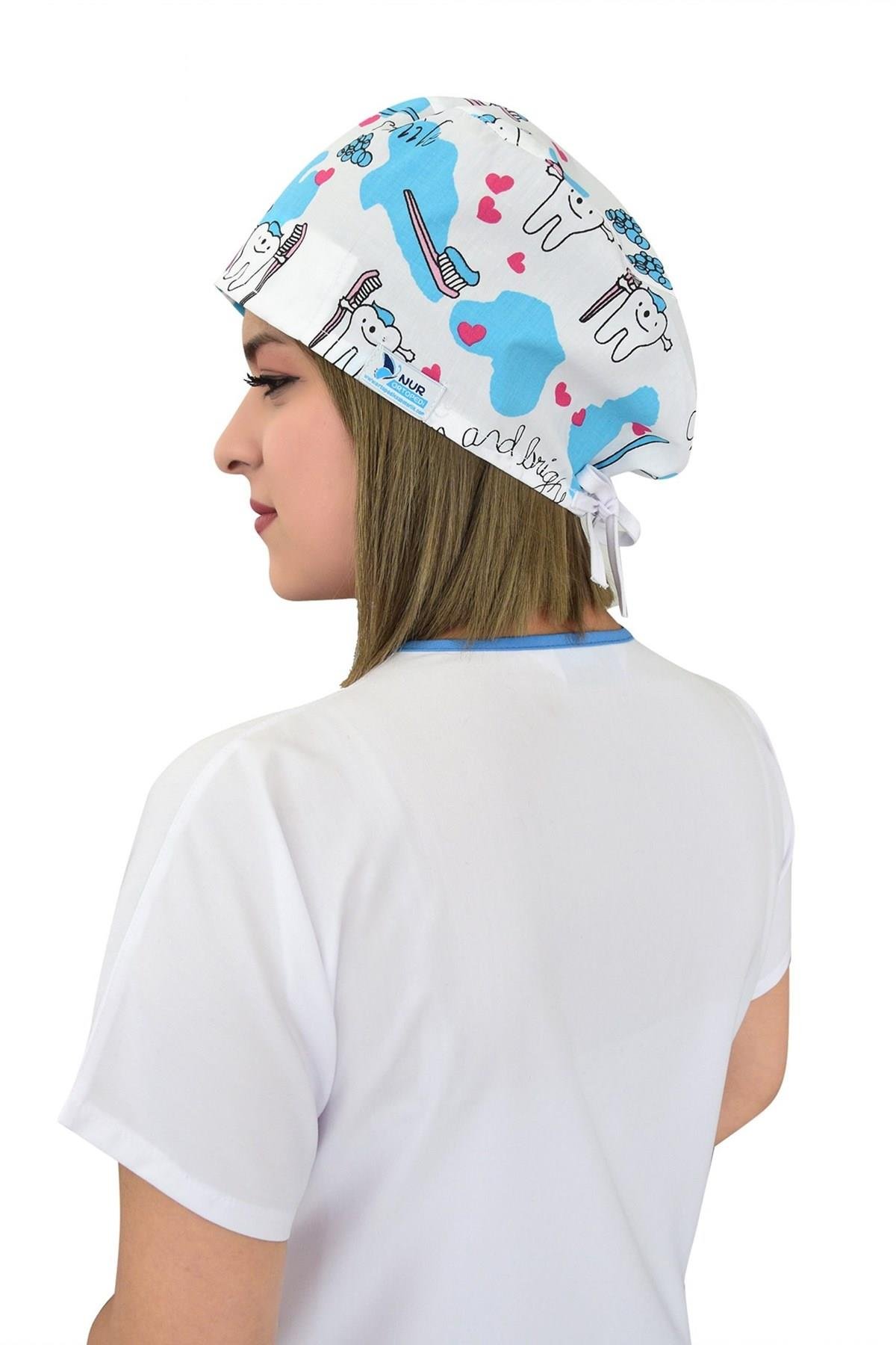 Unisex Beyaz Diş Desenli Cerrahi Bone Doktor Hemşire Saç Bonesi-Nur Medikal Giyim
