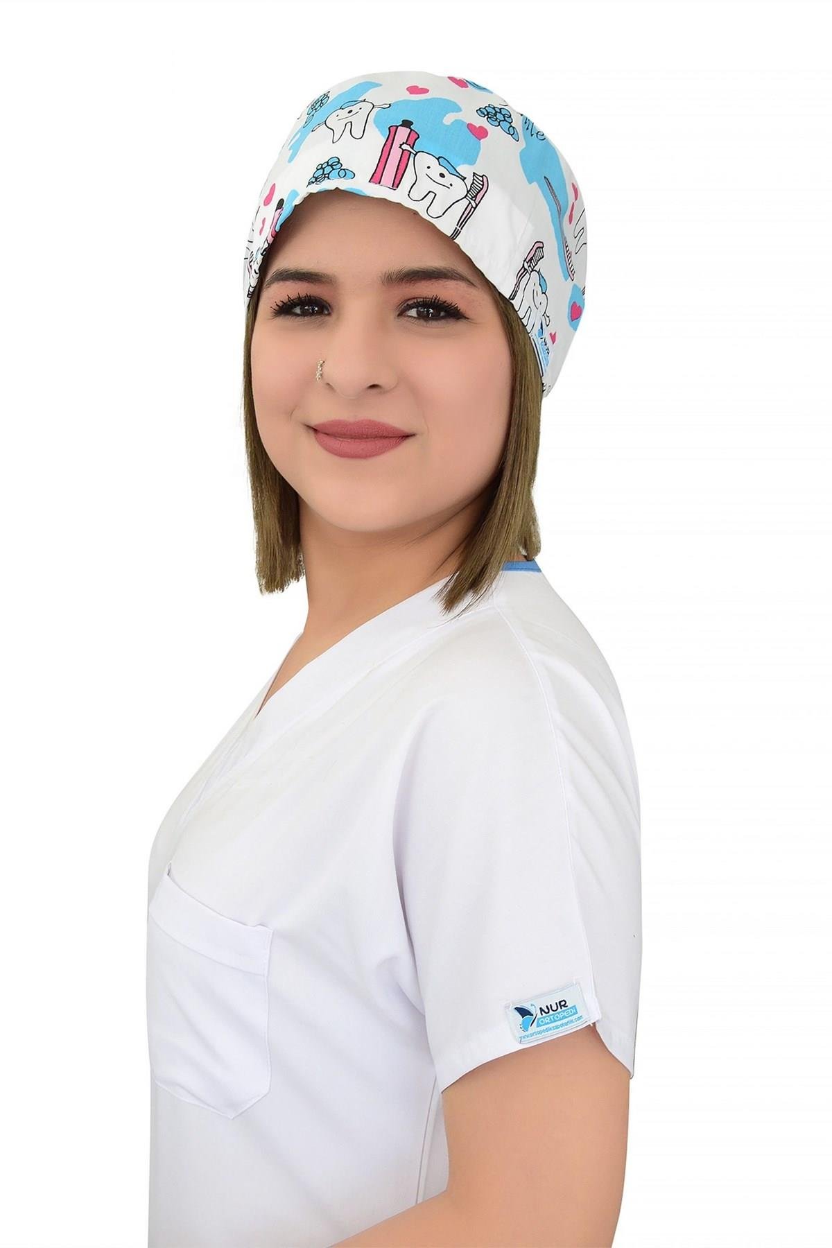 Unisex Beyaz Diş Desenli Cerrahi Bone Doktor Hemşire Saç Bonesi-Nur Medikal Giyim