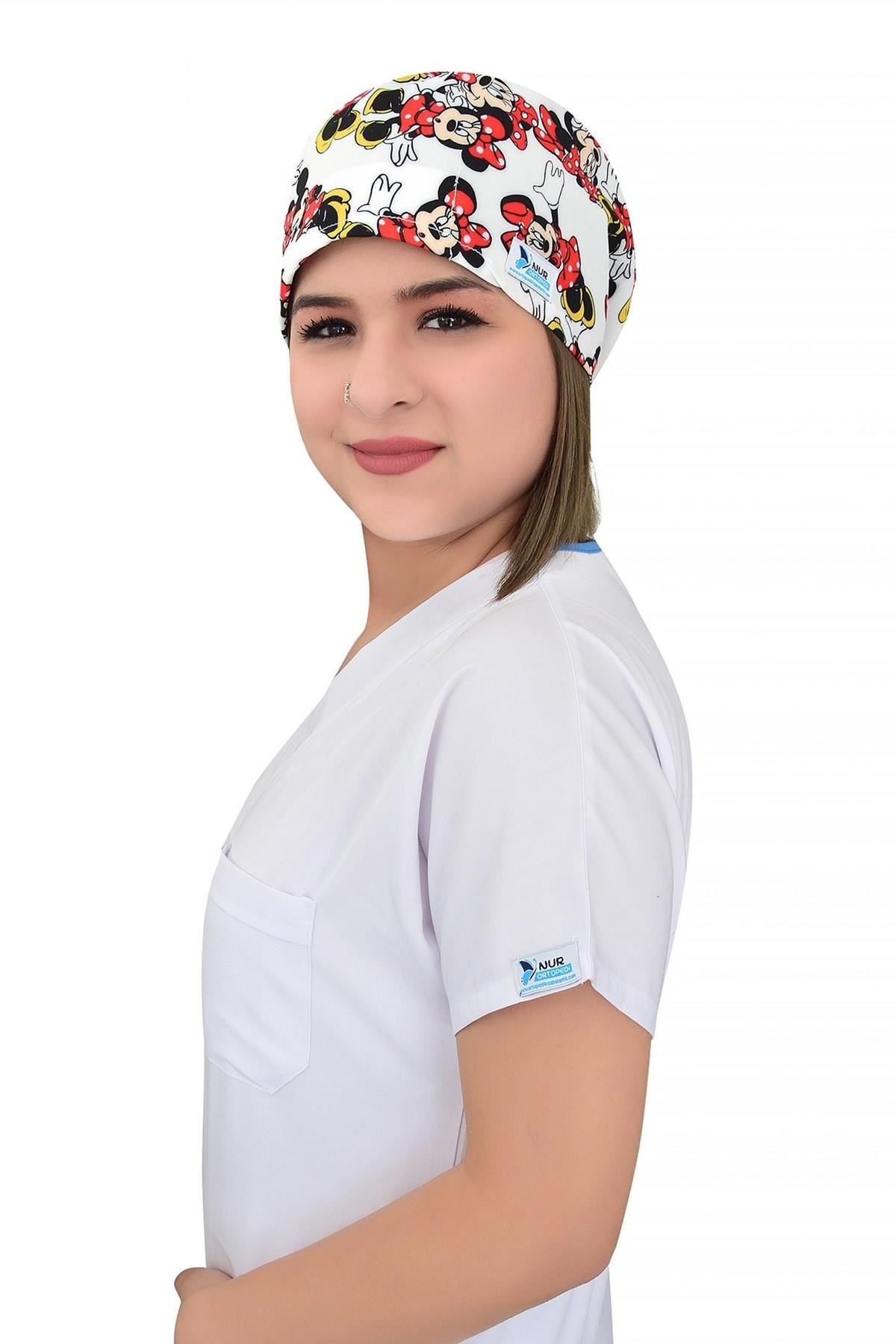 Unisex Beyaz Minnie Mouse Desenli Cerrahi Bone Doktor Saç Bonesi-Nur Medikal Giyim