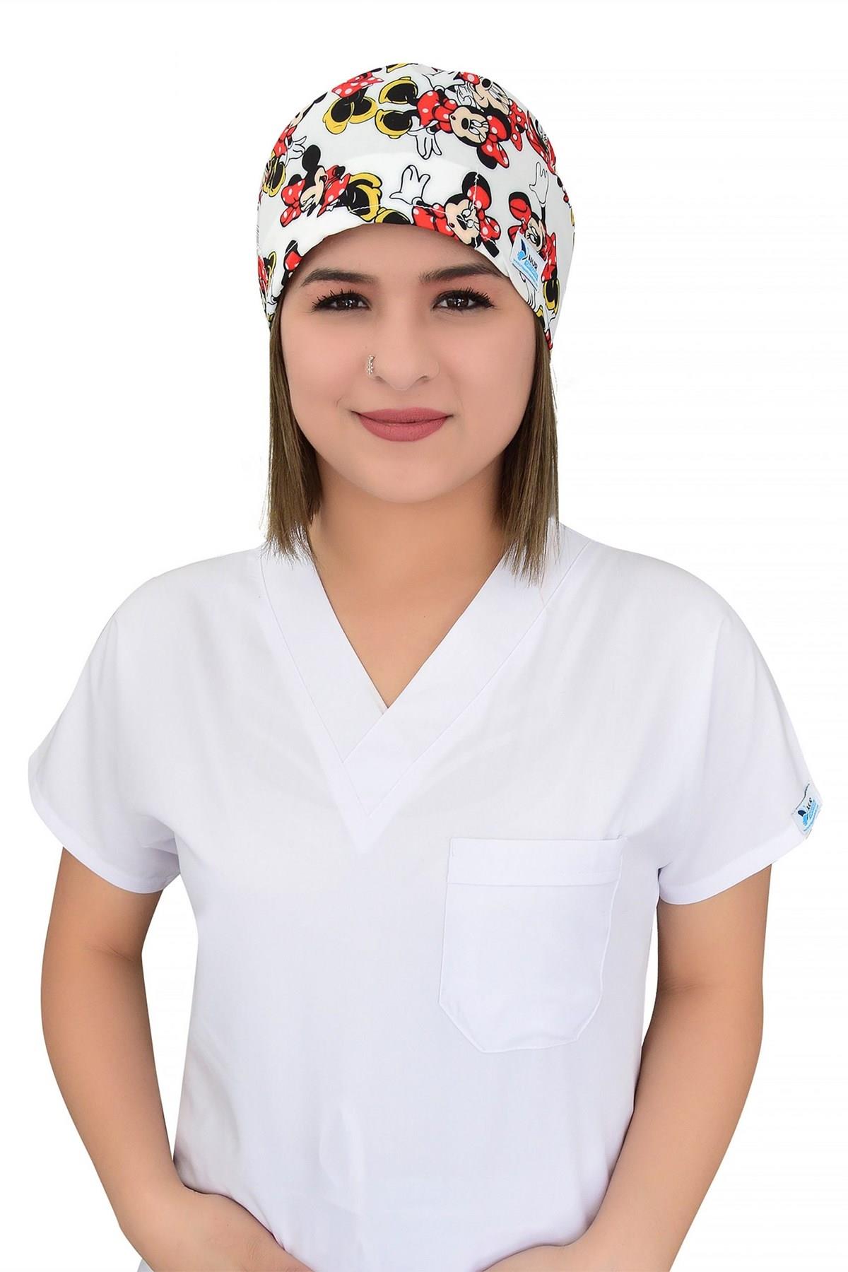 Unisex Beyaz Minnie Mouse Desenli Cerrahi Bone Doktor Saç Bonesi-Nur Medikal Giyim