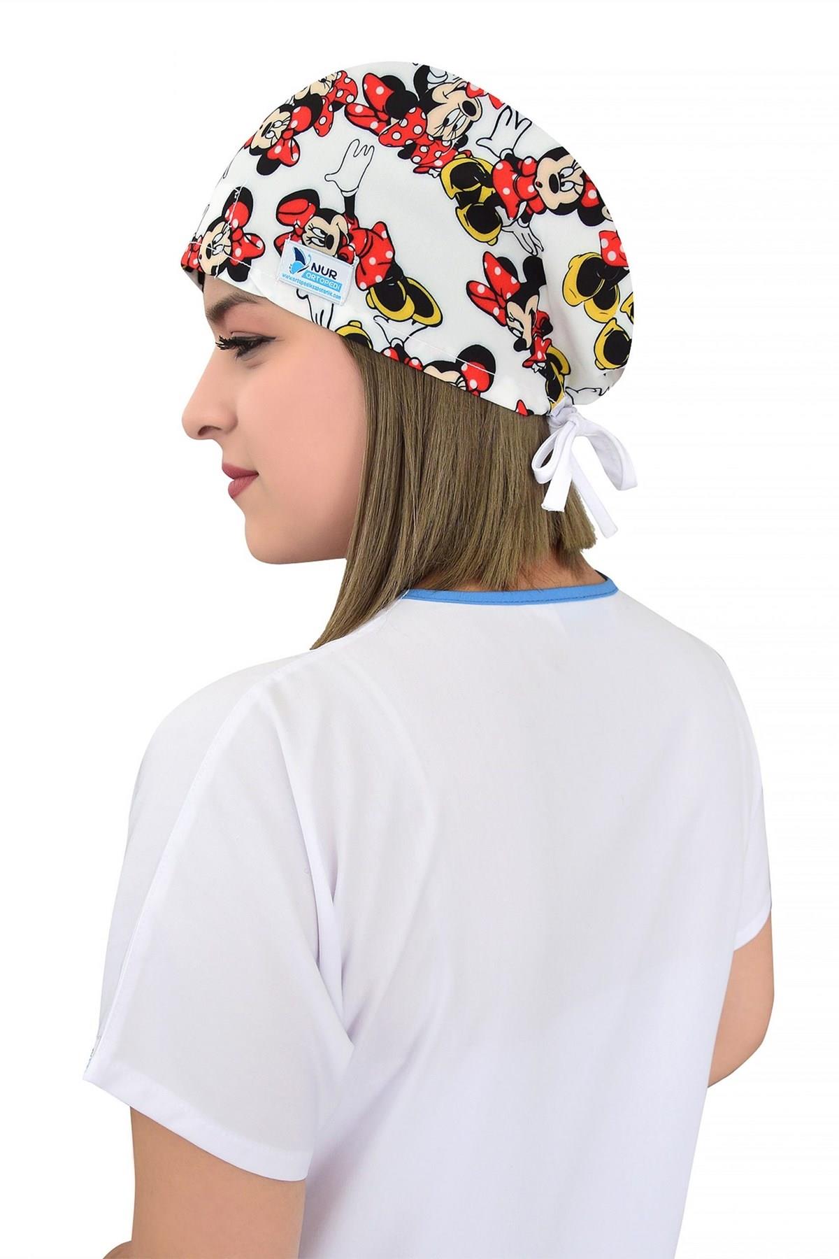 Unisex Beyaz Minnie Mouse Desenli Cerrahi Bone Doktor Saç Bonesi-Nur Medikal Giyim