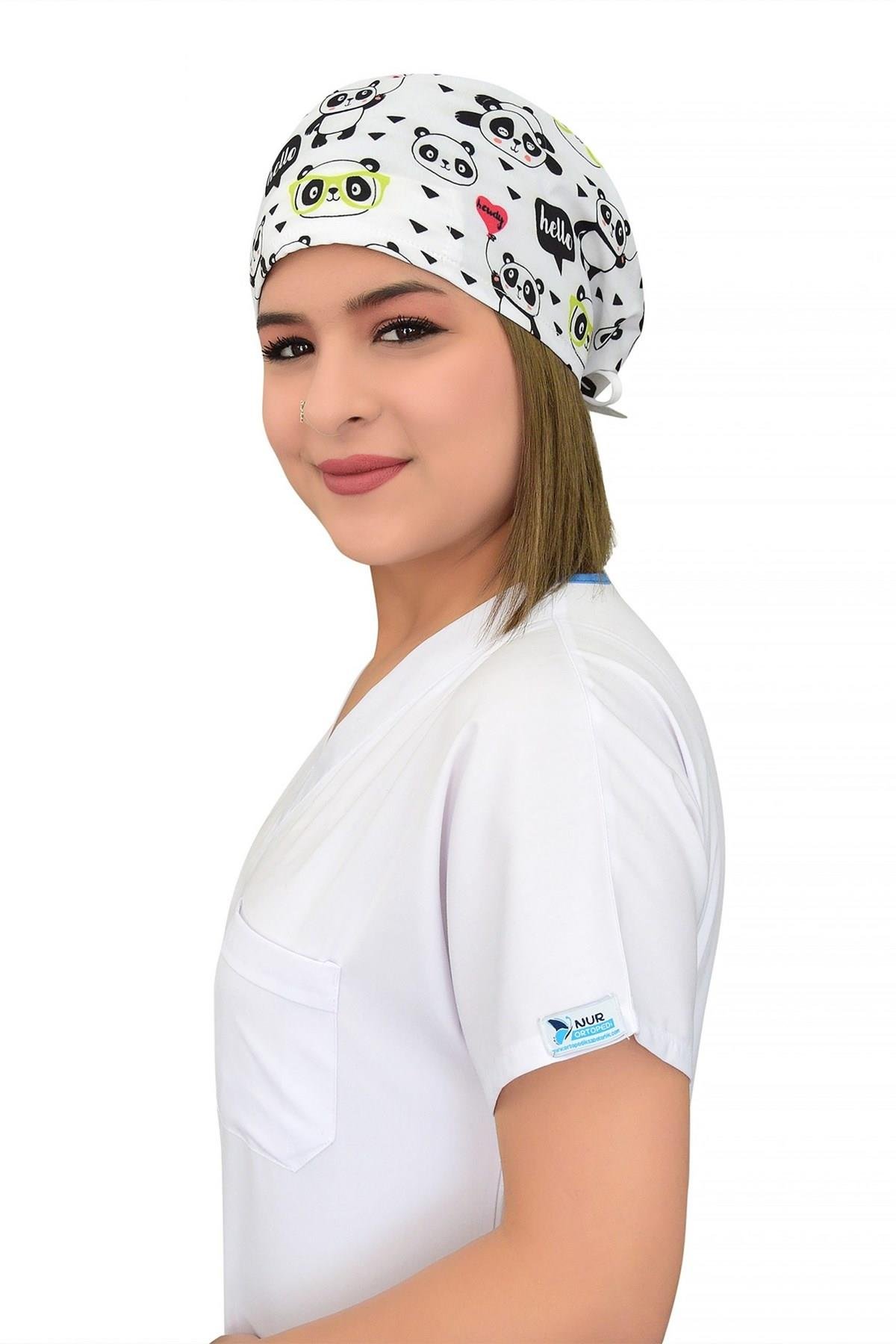 Unisex Beyaz Panda Desenli Cerrahi Bone Doktor Hemşire Saç Bonesi-Nur Medikal Giyim