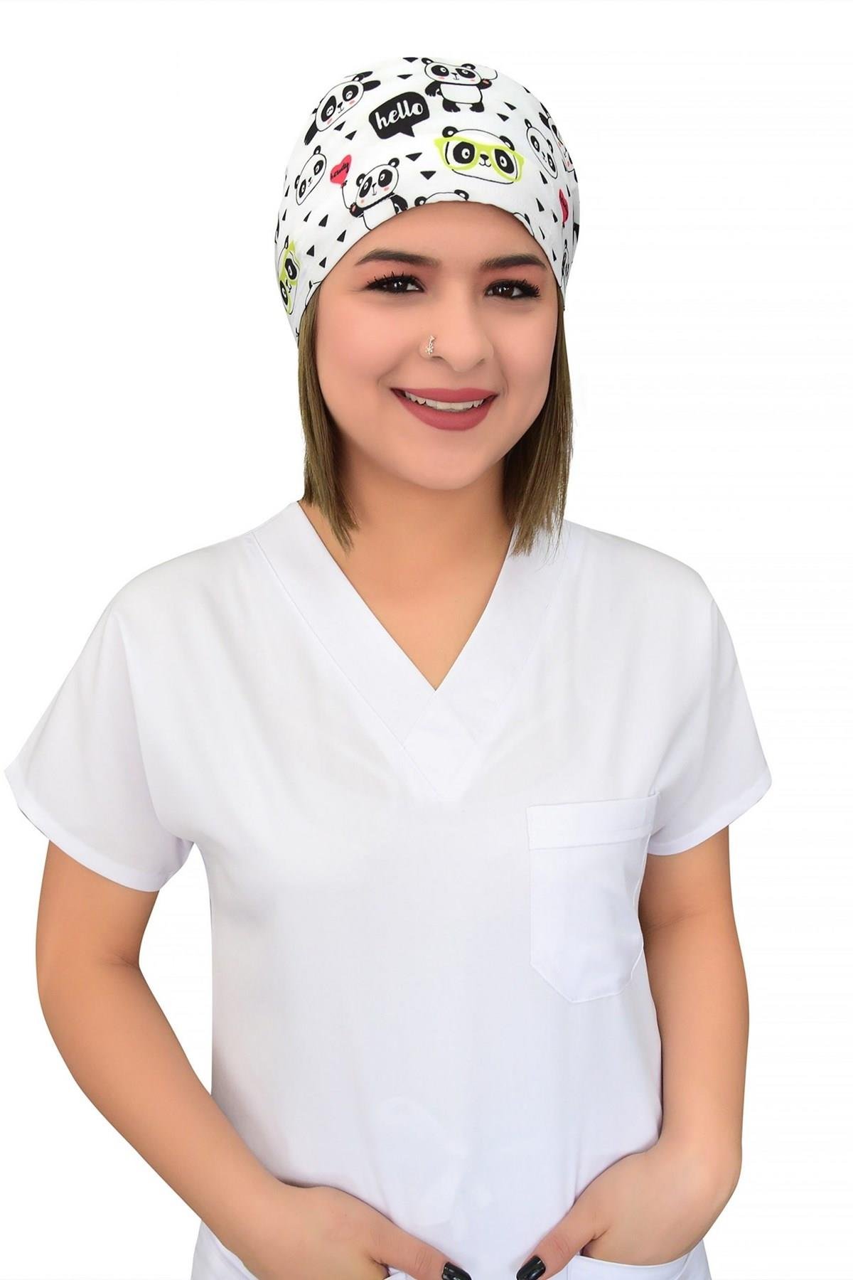 Unisex Beyaz Panda Desenli Cerrahi Bone Doktor Hemşire Saç Bonesi-Nur Medikal Giyim