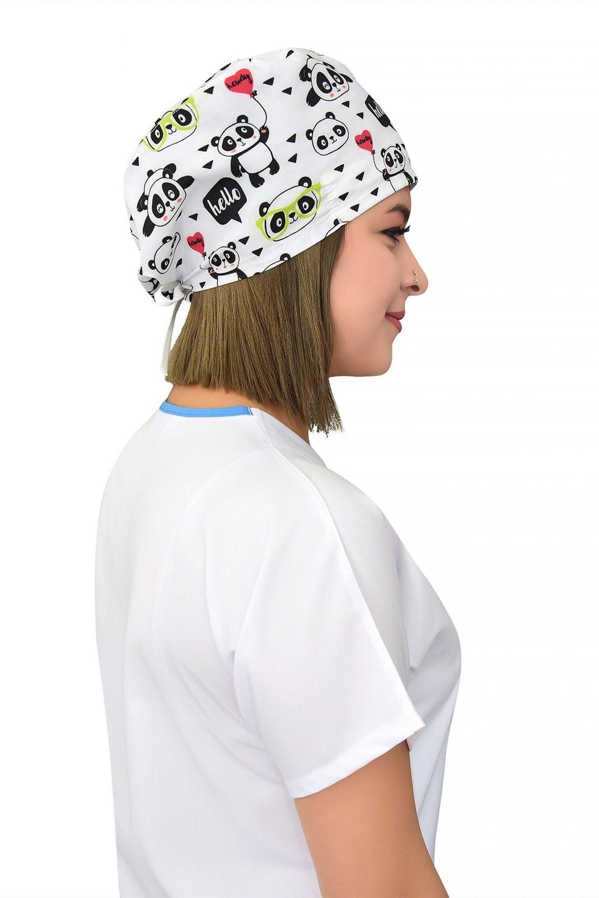 Unisex Beyaz Panda Desenli Cerrahi Bone Doktor Hemşire Saç Bonesi-Nur Medikal Giyim