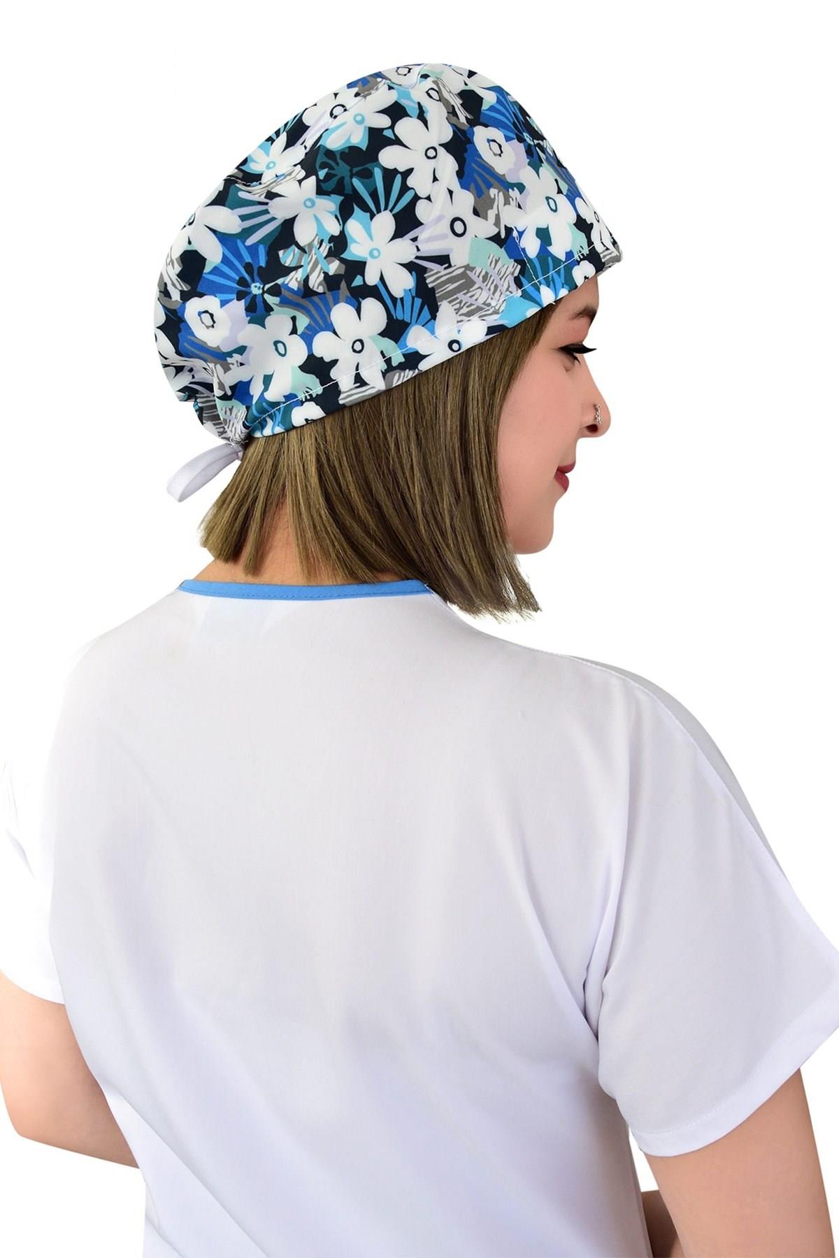 Unisex Beyaz Papatyalar Desenli Cerrahi Bone Hemşire Saç Bonesi-Nur Medikal Giyim