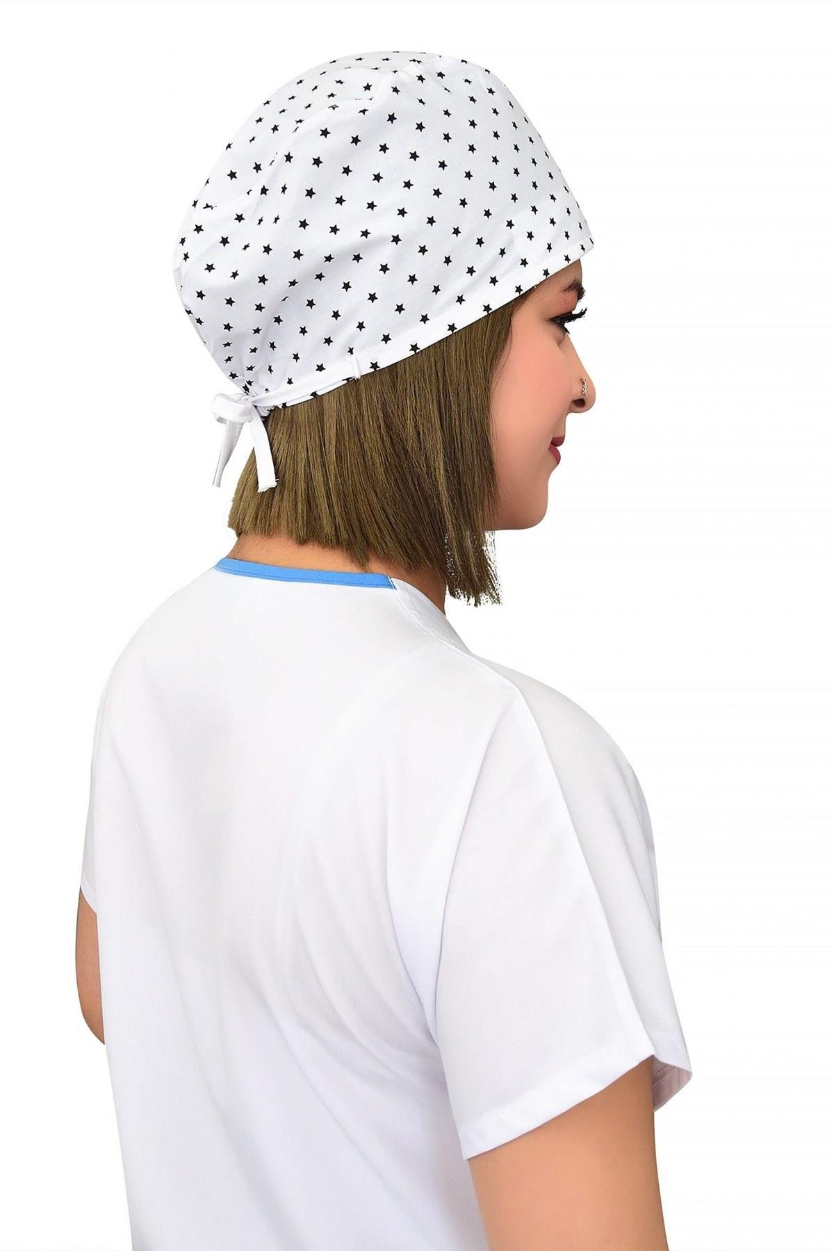 Unisex Beyaz Yıldız Desenli Cerrahi Bone Doktor Hemşire Saç Bonesi-Nur Medikal Giyim