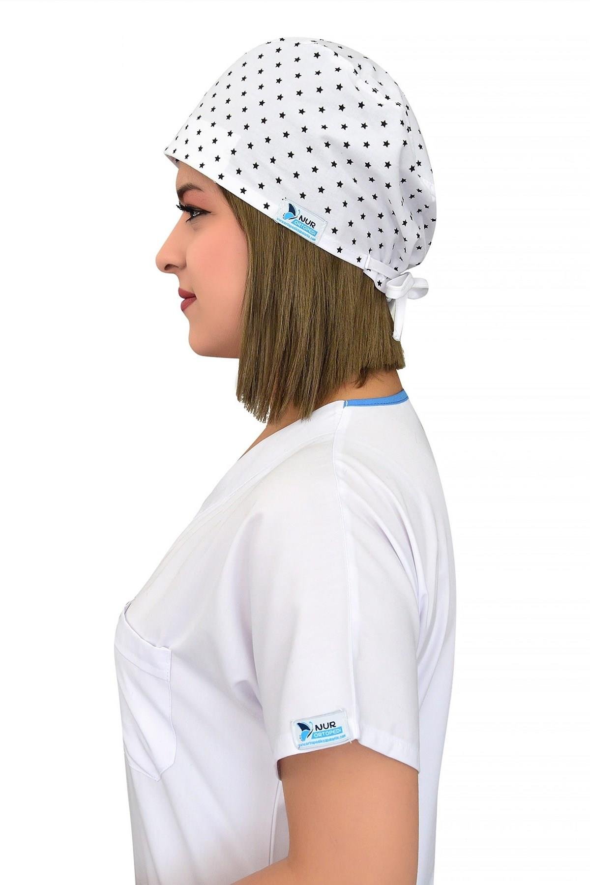 Unisex Beyaz Yıldız Desenli Cerrahi Bone Doktor Hemşire Saç Bonesi-Nur Medikal Giyim