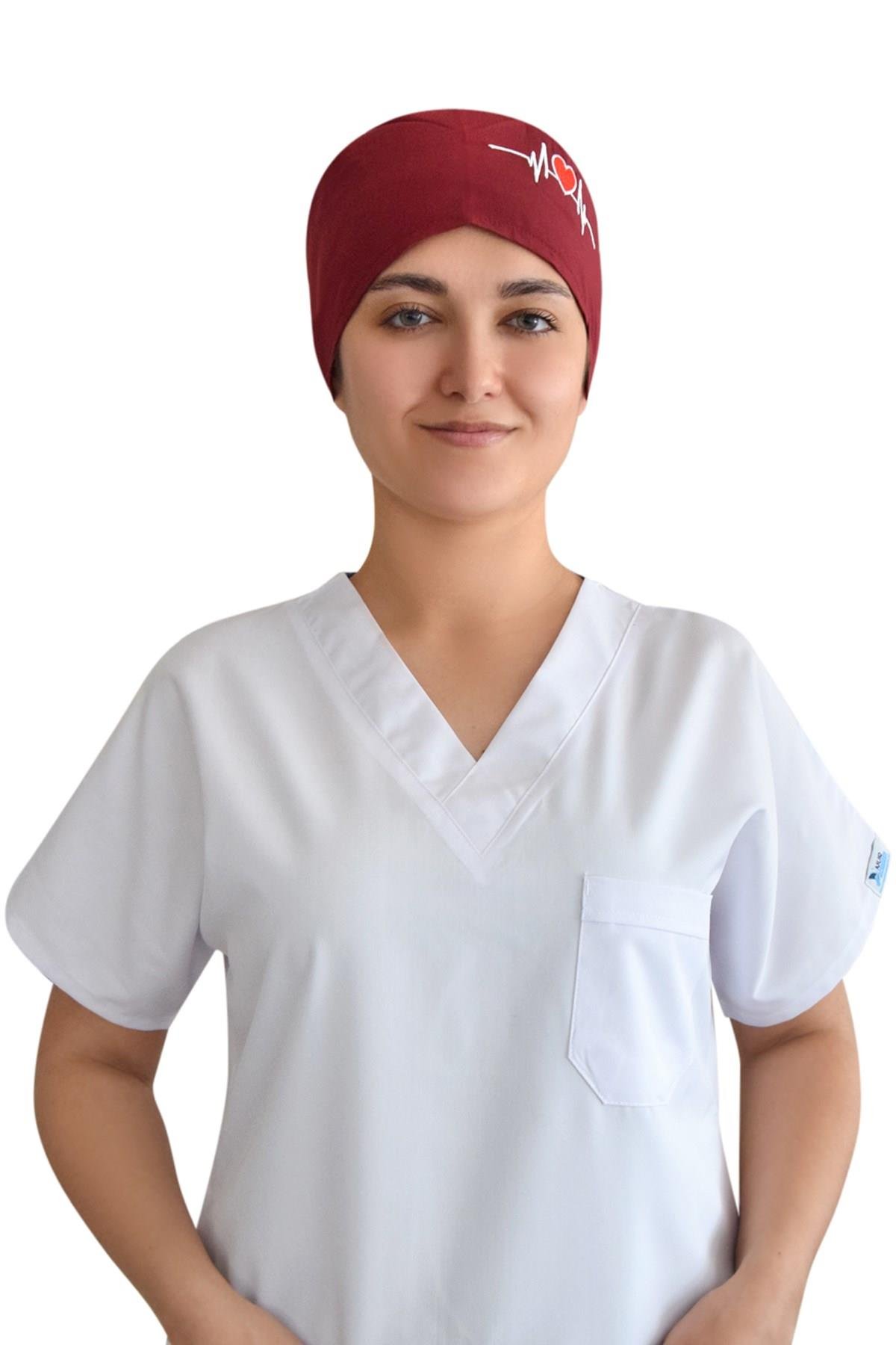 Unisex Bordo Kalp Ritim Nakışlı Cerrahi Bone Doktor Hemşire Saç Bone-Nur Medikal Giyim