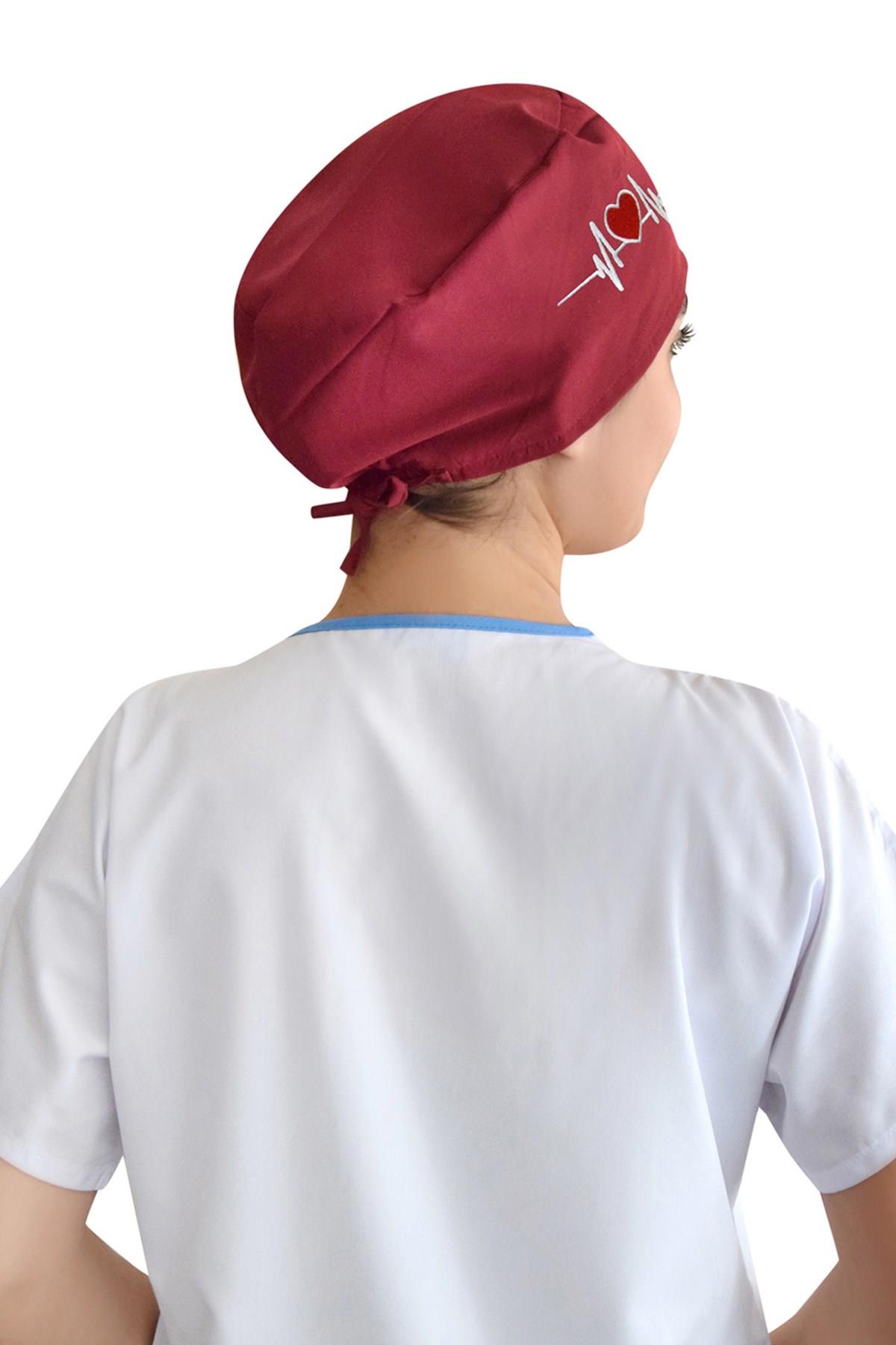 Unisex Bordo Kalp Ritim Nakışlı Cerrahi Bone Doktor Hemşire Saç Bone-Nur Medikal Giyim
