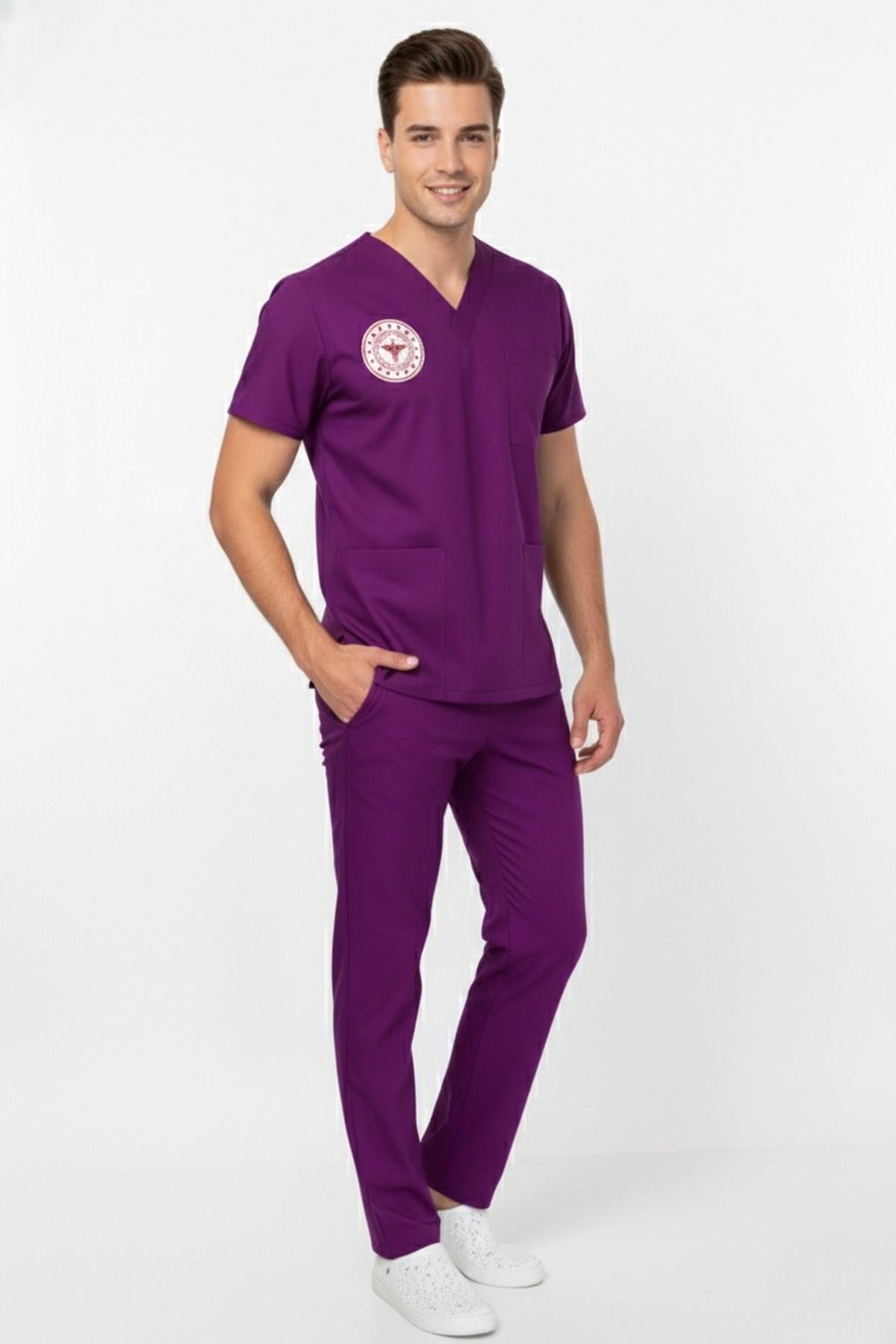 Unisex Byzantium Mor Soft Likra Scrubs Ebe Üniforma Takımı (Sağlık Bakanlığı Yeni Yönetmeliğe Uygun)-Nur Medikal Giyim