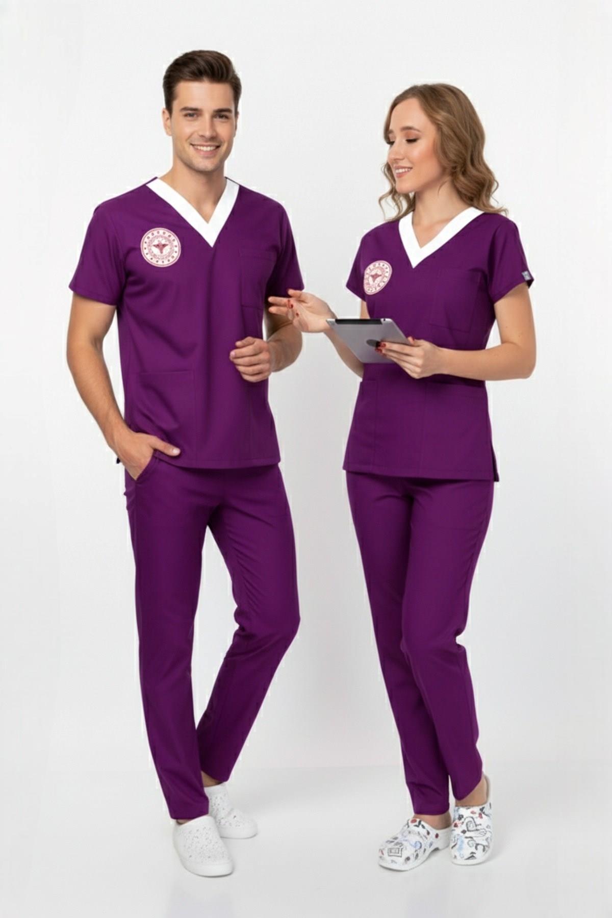 Unisex Byzantium Mor Sorumlu Ebe Scrubs Üniforma Takım (Sağlık Bakanlığı Yeni Yönetmeliğe Uygun)-Nur Medikal Giyim