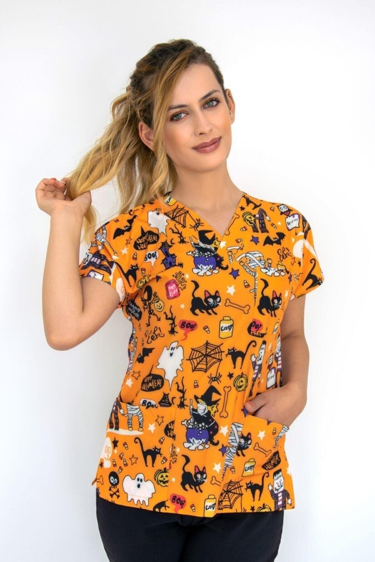 Unisex Cadılar Bayramı Temalı Likralı Alt Üst Forma Takım-Nur Medikal Giyim