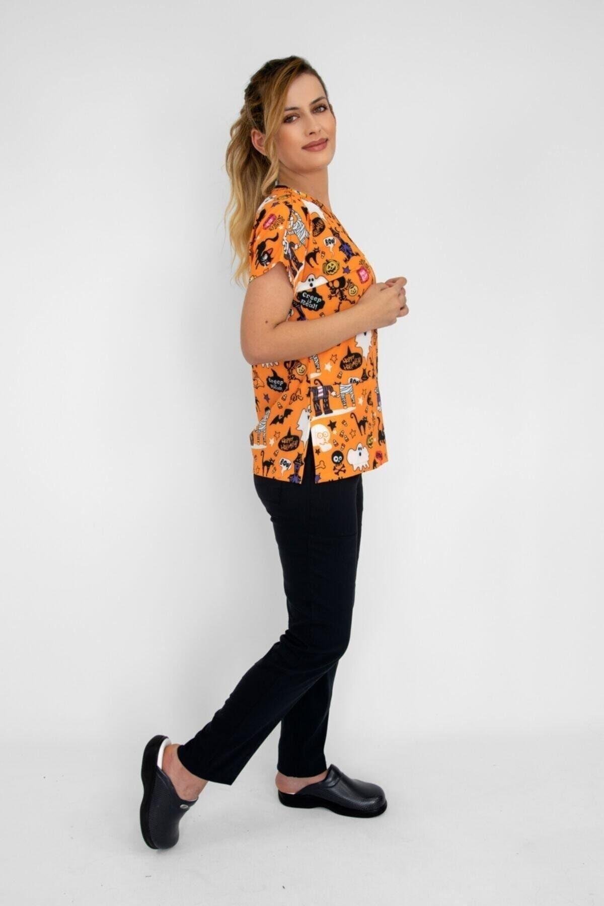 Unisex Cadılar Bayramı Temalı Likralı Alt Üst Forma Takım-Nur Medikal Giyim